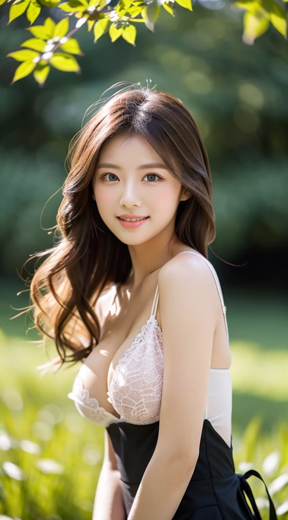 American white woman with unparalleled looks、dark blonde、hair tied with a ribbon、Hair is wavy、The ends of the hair are curled、blue eyess 、A slender、Out of focus background of open meadow in the forest、The sun filtering through the trees is beautiful、a smile、Looking at the camera、Slender but well-proportioned body with large breasts、Posing like a model、Raking up hair、There must be space above the head、Breast bare、Very high definition、Wearing black lace clothes