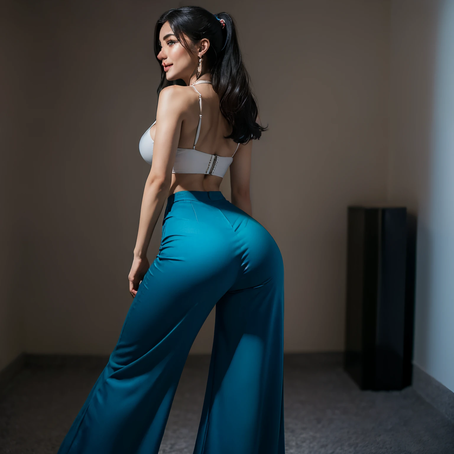 ((qualidade superior、8k、obra prima:1.3))、Mulher bonita em estilo perfeito、sorriso carinhoso、Wide pants、Gaucho pants、Flared pants、saia plissada、formal pants、Skinny pants、seios grandes cintura fina、Abdominals、bunda sexy、pernas finas、Rear view