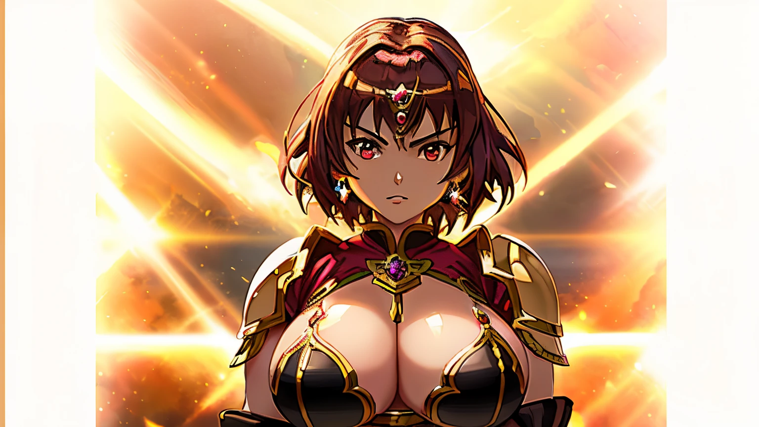 Close up portrait of woman in black bikini holding sword, knights of zodiac girl, portrait knights of zodiac girl, Woman with short red hair, Brown-eyed woman, Muscular woman, feminine and muscular, In garnet armor, Bikini Armor Girl, Woman in belly button costume, huge tit, with large breasts, oppai, seductive princess knight, Smooth Anime CG Art, Princess Knight, princess intergalactica, big muscle, Princess of Garnet, Garnet reflective armor, digital manga art, High quality anime art style,