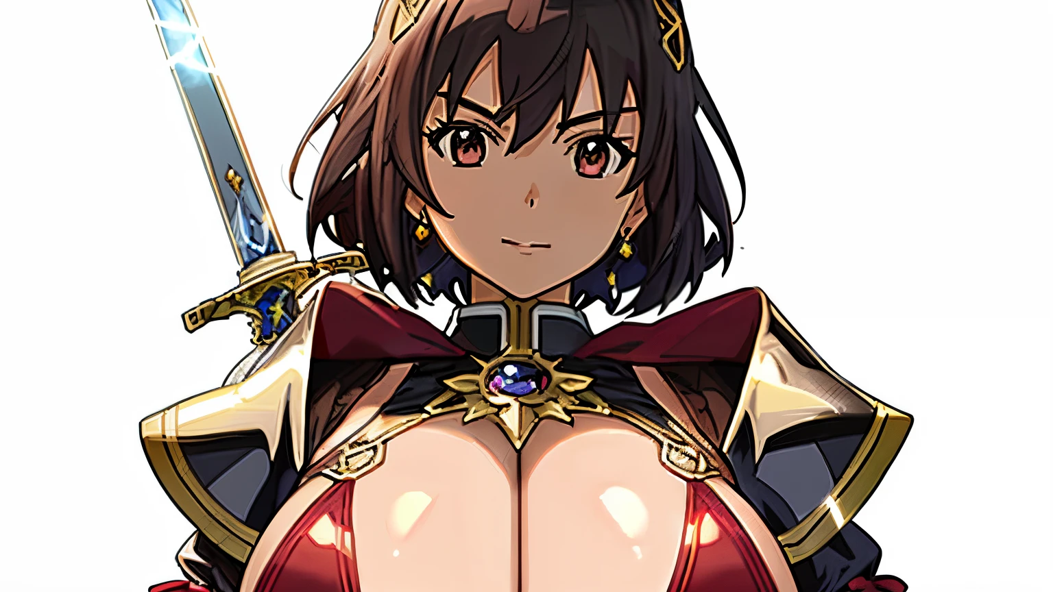 Close up portrait of woman in black bikini holding sword, knights of zodiac girl, portrait knights of zodiac girl, Woman with short red hair, Brown-eyed woman, Muscular woman, feminine and muscular, In garnet armor, Bikini Armor Girl, Woman in belly button costume, huge tit, with large breasts, oppai, seductive princess knight, Smooth Anime CG Art, Princess Knight, princess intergalactica, big muscle, Princess of Garnet, Garnet reflective armor, digital manga art, High quality anime art style,