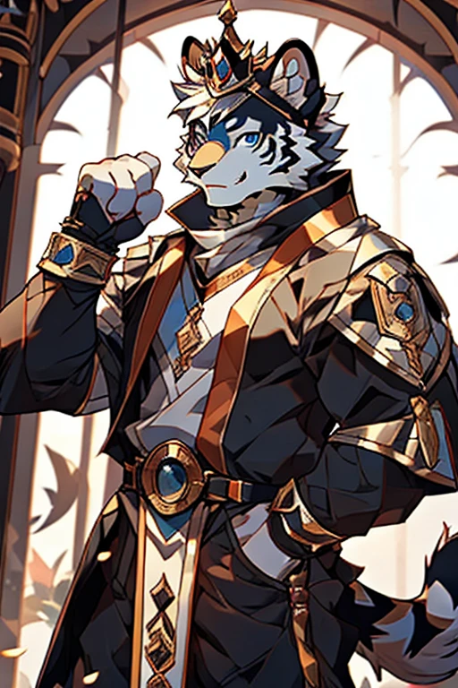 Anthropomorphic white tiger, body fitness, musculature, short detailed hair, perfect eyes, Knight costume, frigidity, cool-pose, Handsome, goodlooking, watching the future, morning time, Crown on head,white backgrounid
