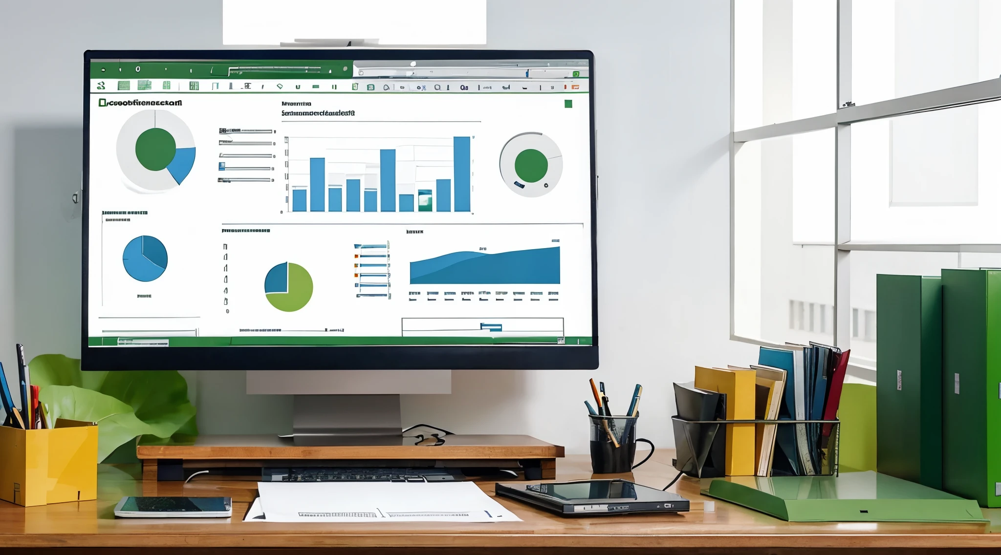 a scene showing a table full of production control papers, excel spreadsheets and office supplies. Uma mesa de um gestor de projetos. Analytical dashboards and production graphs. Com um computador na mesa.