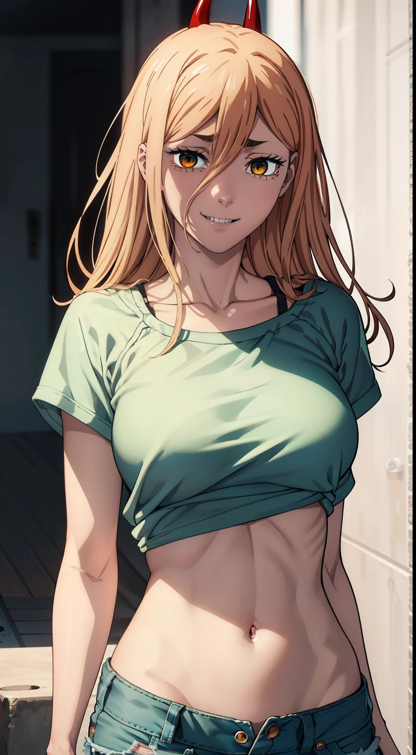 blue sweatshirt, ultra sharp image, Beautiful figure, little chest, Beautiful little breasts, sexypose, Mouth open in a smile, sharp teeth, laughting, holding on to his stomach, ultra detail face, Ultra Transparent, Chainsaw Man Energy, Two red sharp horns on the head, ultra sharp image, Ultra Beautiful, little chest. hairlong, blonde woman, Beautiful figure, taut clothes, T-shirt with the image of a cat, jean shorts, Shoes, bright yellow eyes, Red crosses and circles instead of pupils, handsome body, sexy clothes, Beautiful eyes, very detailed eyes, Very detailed face, handsome body, Cherecter Desing, Very detailed, Detailed body, Detailed hands, Detailed, Vibrants, Detailed Face, sharp-focus, WLOP, artgerm, anime art, Vibrants, Detailed Face, Hugh Details, sharp-focus, Very drooping face, A detailed eye, super fine illustration, better shadow, finely detail, Beautiful detail