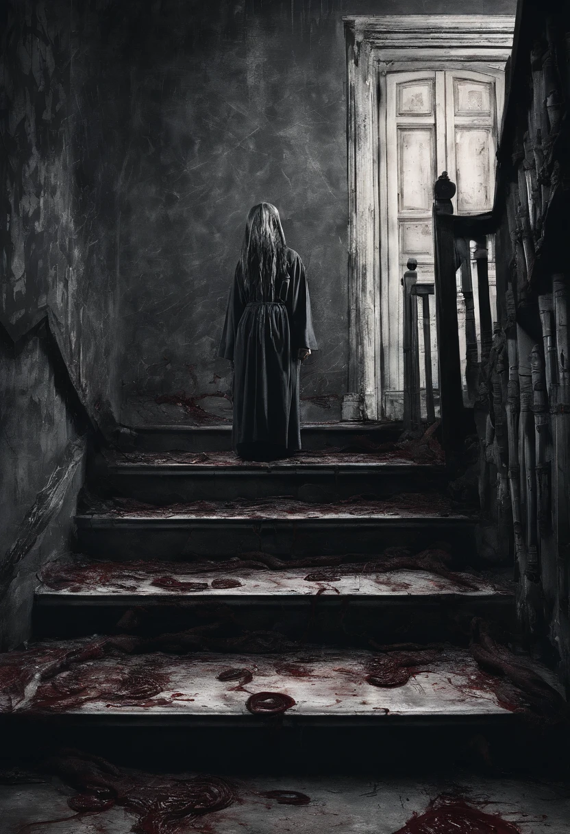 Two age girls go upstairs, Wear Chinese embroidered clothing，Extensive ulceration of the girl's skin，Blood donation oozes，Bleeding from seven holes，There are maggots crawling on the body