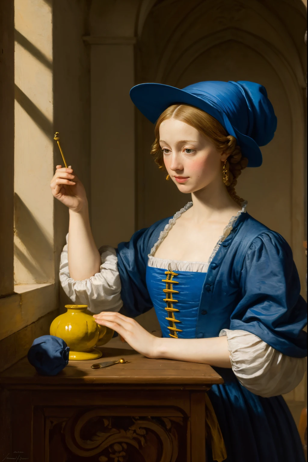 Dutch woman A picture of a woman wearing a blue hat and a yellow dress, Inspired by Jacopo Amigoni, Works inspired by Cornelis van Haarlem, in a high renaissance style, in a renaissance style, Hyperrealism Renaissance Art, Inspired by Simon Vouet, by Emanuel de Witte, in renaissance style, Johannes Vemer, inspired by James C. Christensen