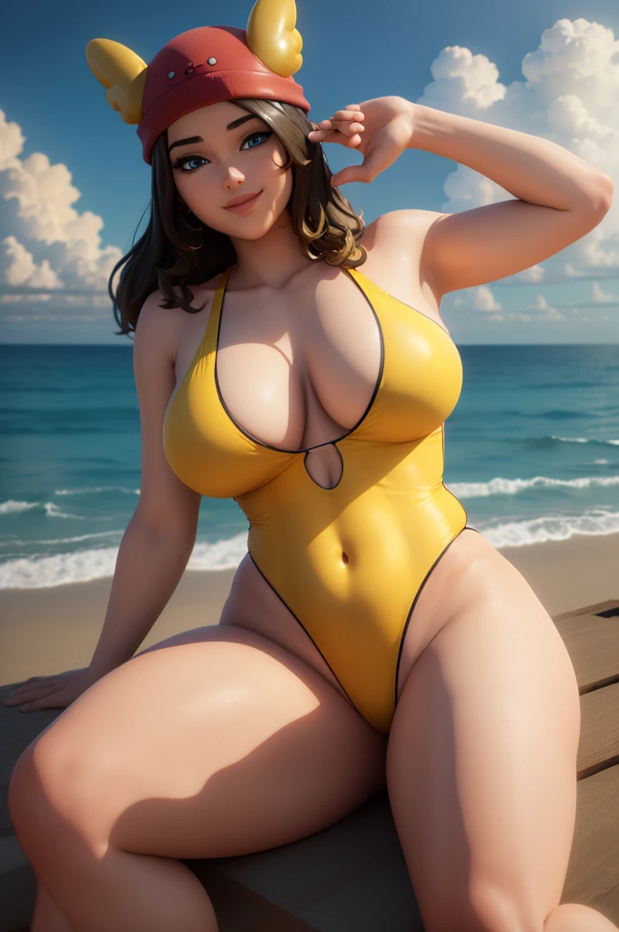 (8k, best quality, masterpiece:1.2), (realistic, photo-realistic:1.37), ultra-detailed, 1 girl,cute, solo, ,beautiful detailed blue eyes, medium wavy hair,  , thick thighs, sitting on a beach, , smiling, looking at viewer, ,light brown hair, black lips, black lipstick, full body view, , whole body shot, red hat, chubby, yellow one piece swimsuit, yellow swimsuit, nsfw