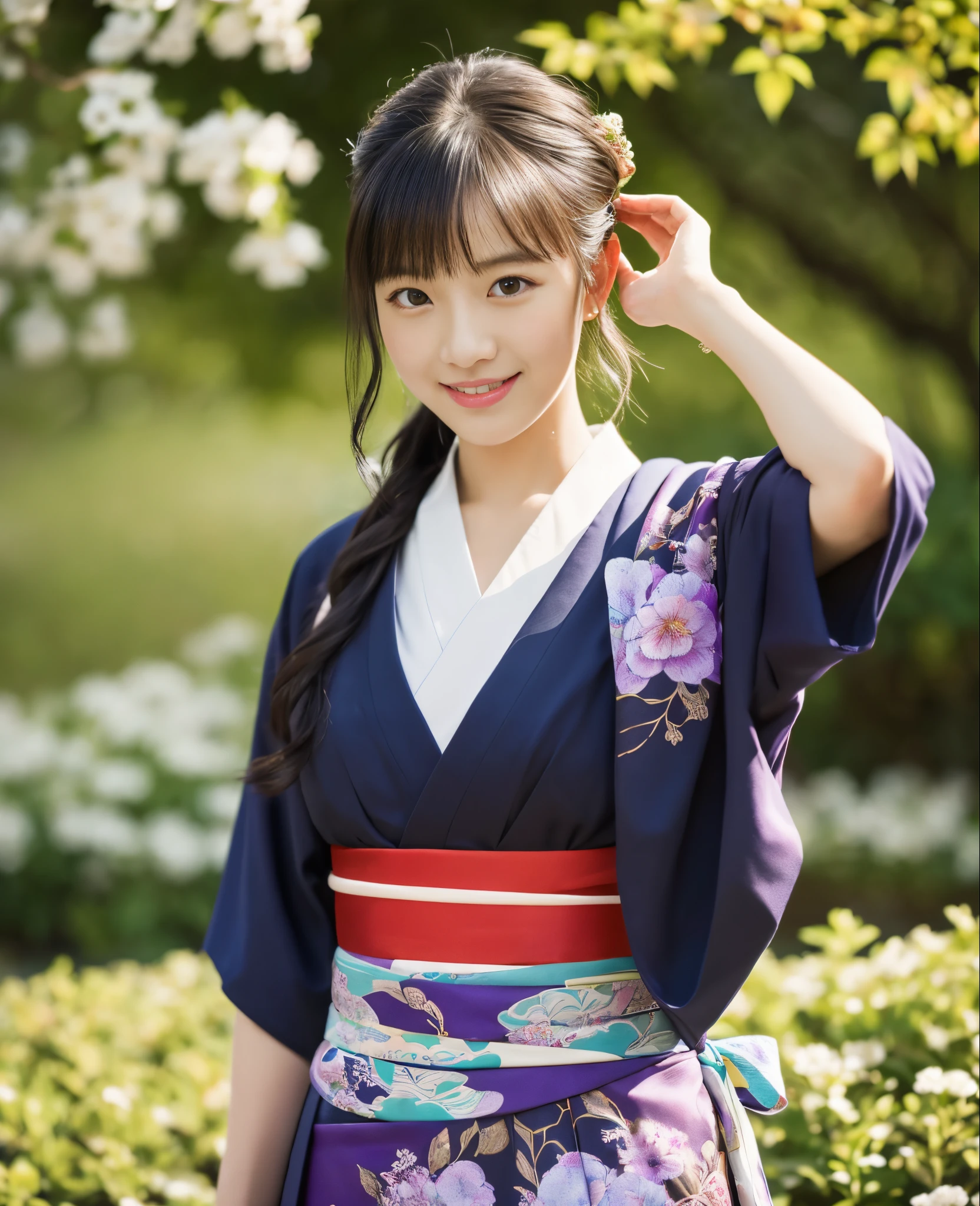 ((masutepiece)), 8K, Highest Quality, Woman, Garden background, Photorealistic, super detailed, Detailed background, (Solo:1.4), Gentle expression, very detail hair, Highest Quality, ((Full body shot)), smile shy, ((looking in camera)), Straight black hair, woman wearing purple bridal outfit, japanese kimono, traditional Japanese kimono, looking in camera,