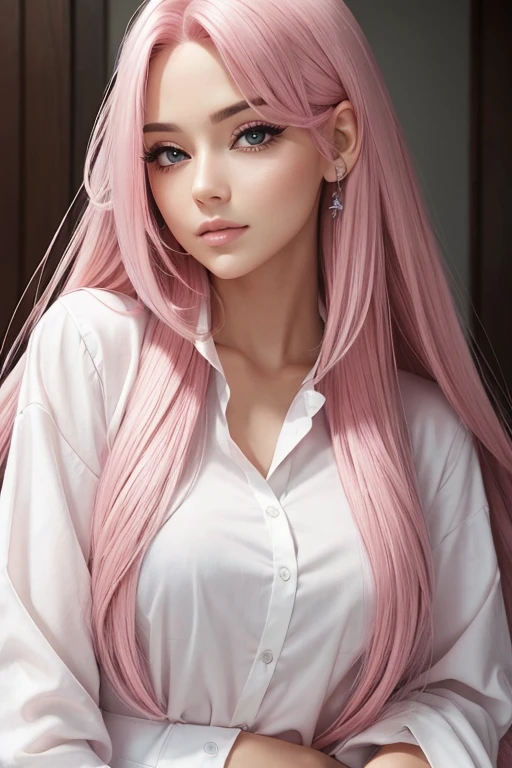 High quality,Perfect makeup,Realistic,Pink hair,Semi-long hair,white shirt