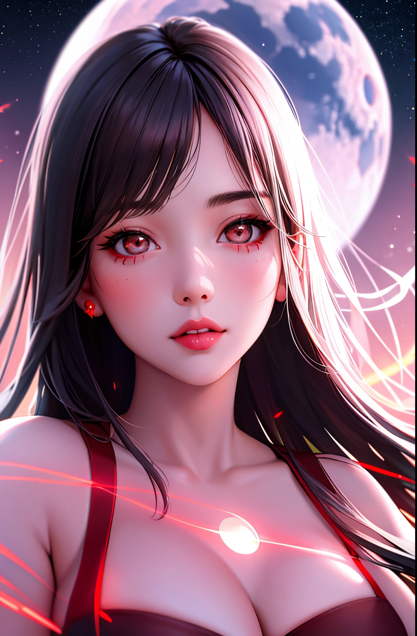 1 girl, beautiful face, ((white eyes)), sexy pose, red moon in the background, stars, space, (lightroom: 1.13), soft light, (natural skin texture: 1.2), (hyperrealism: 1.2), sharp focus, focus