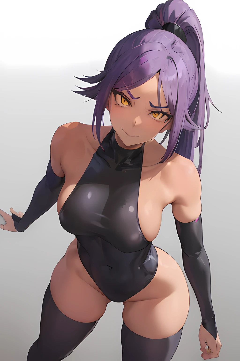 anime girl with purple hair and black outfit posing for camera, seductive anime girl, anime moe artstyle, thicc, badass pose, villain pose, sultry smirk, flat anime style shading, evil pose, ryuko matoi, commission for high res, badass anime 8 k, vector shaded anime, oc commission, noire