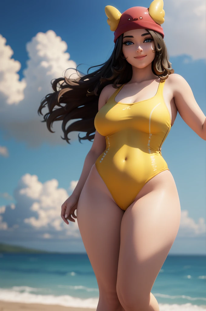 (8k, best quality, masterpiece:1.2), (realistic, photo-realistic:1.37), ultra-detailed, 1 girl,cute, solo, ,beautiful detailed blue eyes, medium wavy hair, , thick thighs, standing on a beach, , smiling, looking at viewer, ,light brown hair, black lips, black lipstick, full body view, , whole body shot, red hat, chubby, yellow one piece swimsuit, yellow swimsuit, nsfw