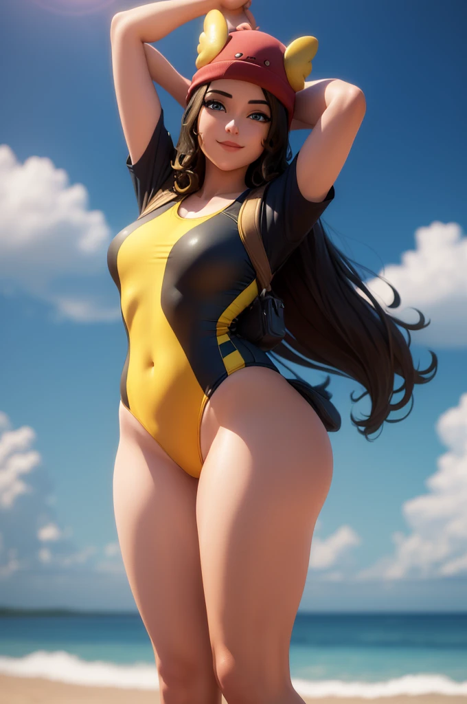 (8k, best quality, masterpiece:1.2), (realistic, photo-realistic:1.37), ultra-detailed, 1 girl,cute, solo, ,beautiful detailed blue eyes, medium wavy hair, , thick thighs, standing on a beach, , smiling, looking at viewer, ,light brown hair, black lips, black lipstick, full body view, , whole body shot, red hat, chubby, yellow one piece swimsuit, yellow swimsuit, nsfw