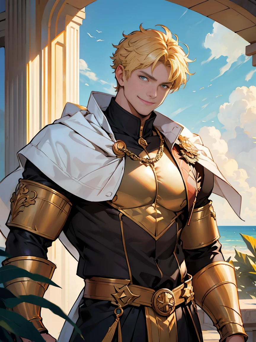 (constantinus the great:1.1, young adult:1.1, warm smile, bright sharp eyes, thick neck, broad shoulders, strong chest, muscular, lifesaver, secretly heir to a world-renowned hotel group, summer resort, masterpiece, ultra-high quality)