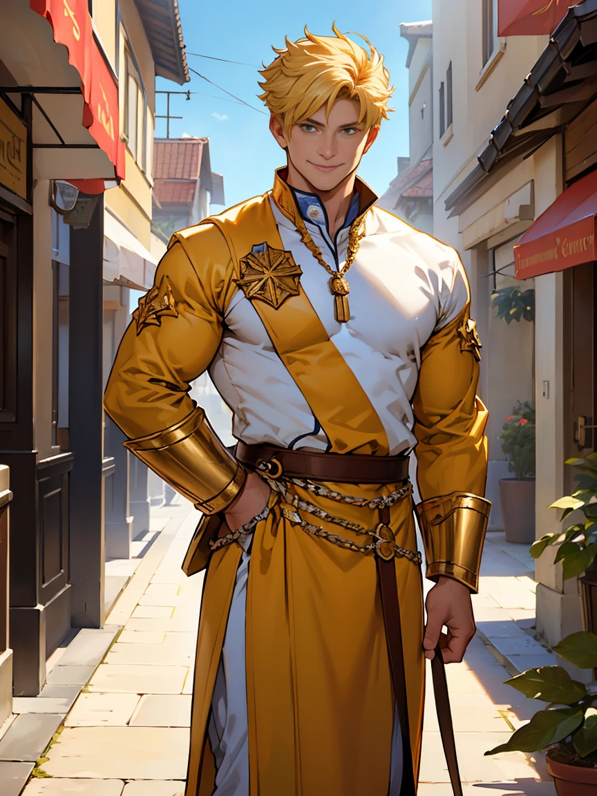 (constantinus the great:1.1,  adult:1.1, warm smile, bright sharp eyes, thick neck, broad shoulders, strong chest, muscular, lifesaver, secretly heir to a world-renowned hotel group, summer resort, masterpiece, ultra-high quality)