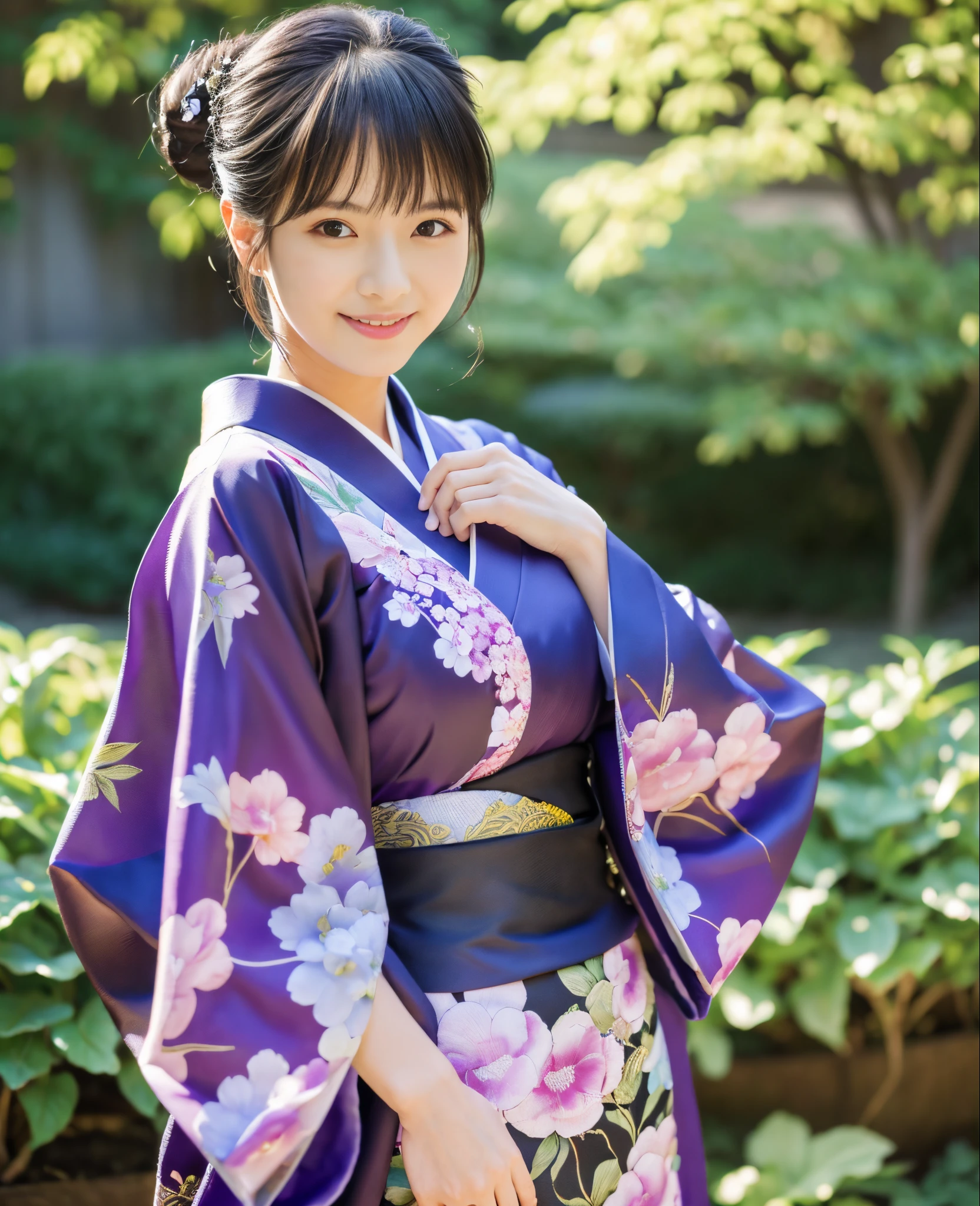 ((masutepiece)), 8K, Highest Quality, Woman, Garden background, Photorealistic, super detailed, Detailed background, (Solo:1.4), Gentle expression, very detail hair, Highest Quality, ((Full body shot)), smile shy, ((looking in camera)), Straight black hair, woman wearing purple bridal outfit, japanese kimono, traditional Japanese kimono, looking in camera,