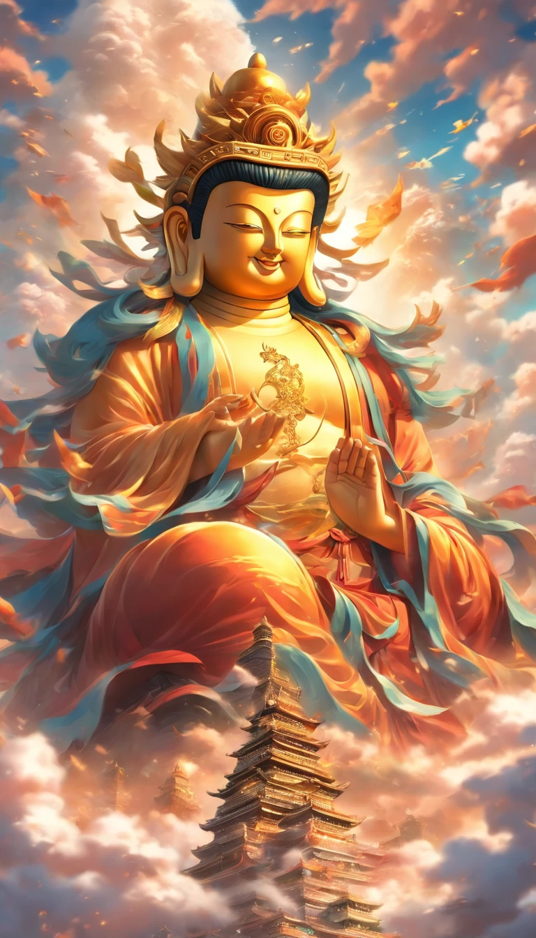 ((masutepiece))，(Best Quality))，china style，In the sky, Clouds form a huge Maitreya Buddha image，Pilgrims on the road，Hyper-realistic，Ultra photo realsisim，Real Photographics，8K，High Definition，high quarity，Works of masters，super-fine，（（（OC Renderer）））