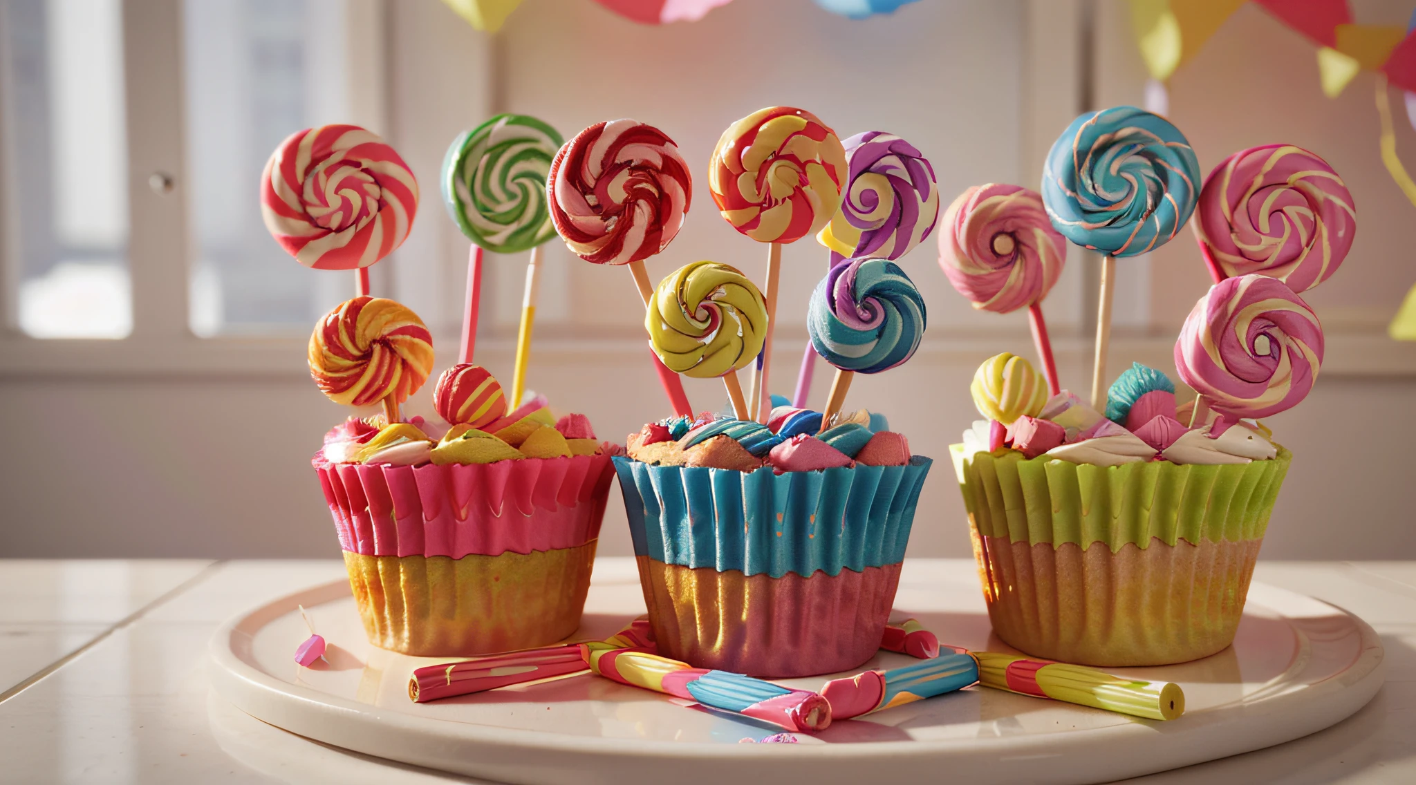 3D rendered pattern of cakes and lollipops, depth of field, chromatic aberration, cinematic lighting, ray tracing, best quality, high details, highres, jpegartifacts