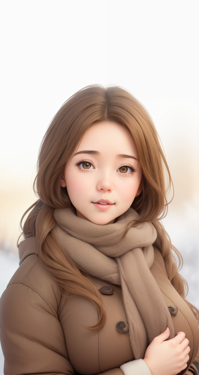 (best quality), big head, (1girl with gigantic breasts:1.3) Brown Hair , Winter , Cold ❄️ , Winter Season , Coat , Syall , Warming , Positive vibing , Fat Gir , Korean , Details , Gigantic Breast , UHD , 8K