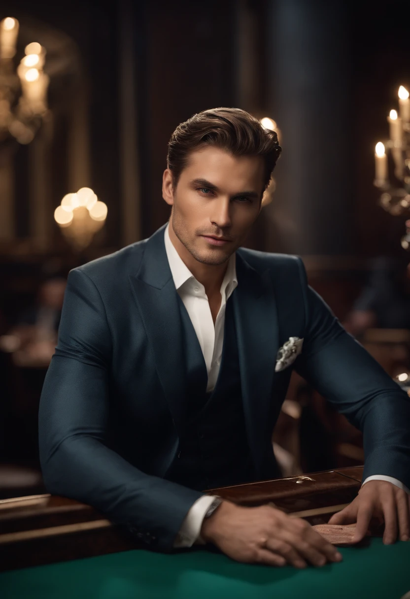 A photo of Osferth sitting at a luxurious poker table, surrounded by elegantly dressed players.,original,Osferth looks like Ewan Mitchell, an actor from popular shows like House of the Dragon, The Last Kingdom and World on Fire.

Gender: Male

Appearance:

Osferth possesses a well-maintained physique, characterized by a toned and slim build. His skin exhibits a subtle and sun-kissed tan, giving his complexion a healthy and vibrant quality. His eyes are a captivating shade of blue, drawing one's attention with their depth and clarity.

His hair, a lustrous shade of dirty brown, is kept in a neat and stylish short length, exuding an air of confidence. This particular choice of hairstyle accentuates his facial features and underscores his commitment to a well-groomed appearance.

Attire:

In terms of fashion, Osferth opts for a classic yet refined wardrobe. He typically adorns himself in a plain crewneck shirt that speaks to his appreciation for simplicity and practicality. Paired with this, he opts for straight-leg jeans, striking a balance between comfort and style. His warm coat not only provides protection against the elements but also exhibits a hint of sophistication, making it clear that he pays attention to the details of his appearance.

Completing his ensemble, Osferth chooses semi-formal shoes that seamlessly merge style and comfort, showcasing his ability to navigate between casual and more formal settings with ease.

In sum, Osferth's appearance and style convey an individual who values a harmonious blend of fitness, understated elegance, and practicality in both his physicality and his choice of attire.