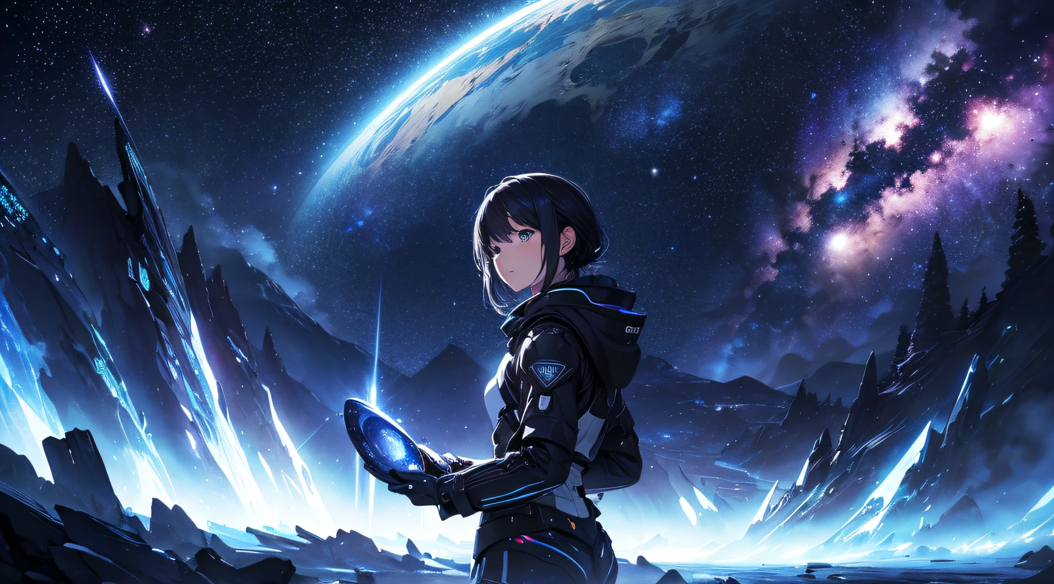 masterpiece、Background with((Fantastic starry sky、kosmos、Meteor swarm、black hole、Irridescent color))Depth-of-fie((white glowing planet))、look from down
