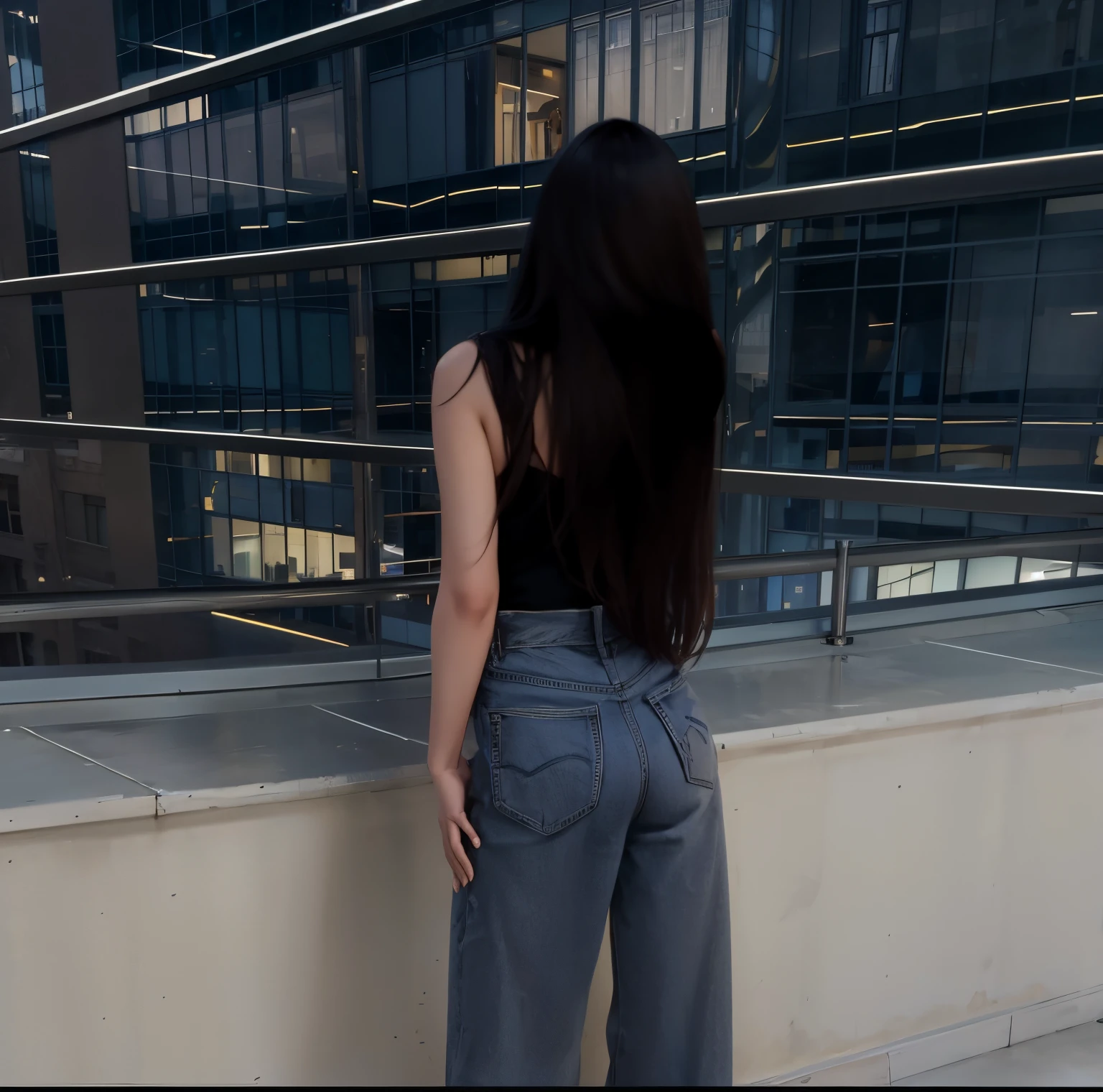 woman stands on a ledge with her back to the camera, long shot from back, long shot from back, backside shot, full-length from the back, 18 years, next to a big window, 19-year-old girl, Random Pose, very very low quality picture, Full-length distant view