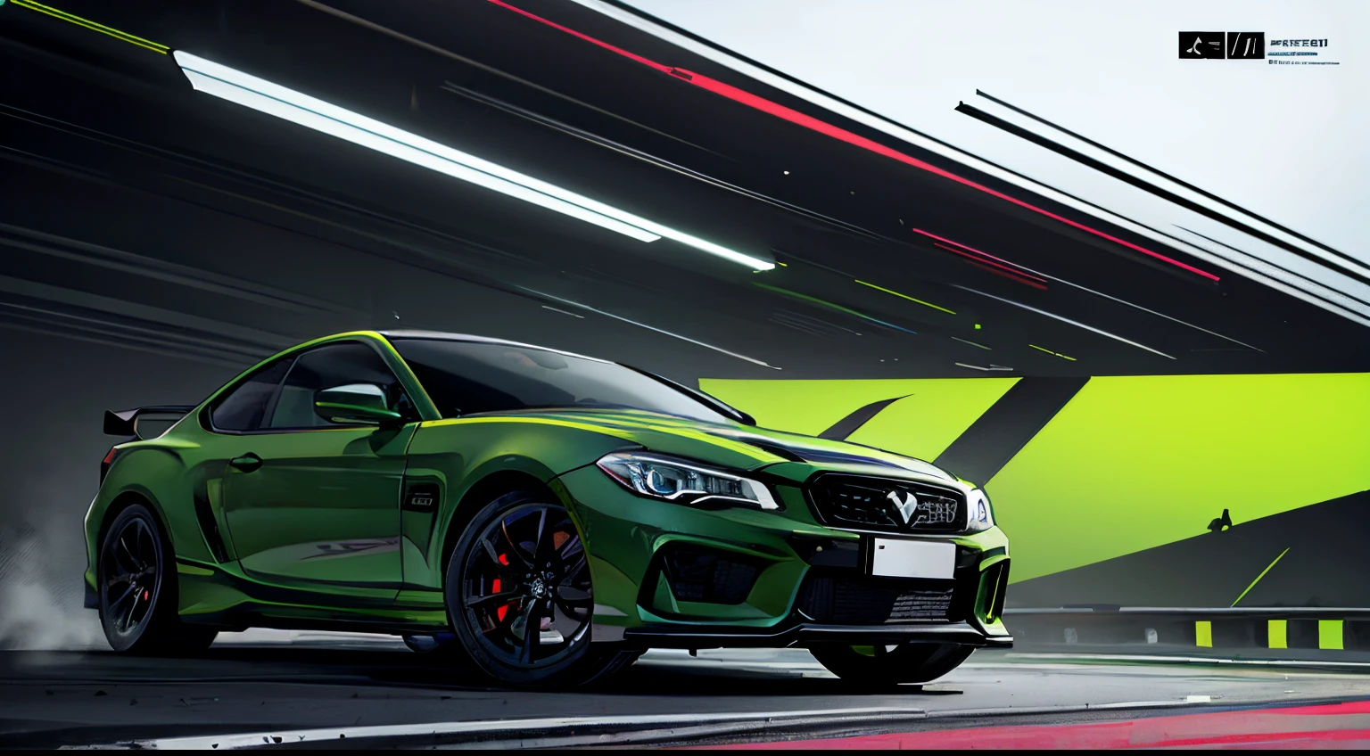 Poster background with,The Car,Graphic design,Visually stunning and stunning,Magazines,Cover of a,The color is black,((green color)),Very little purple,Tough,straight line,block polygon,(theatrical), (grittiness), (drastic),There is a sense of danger and intensity,,Adds to the overall drama and excitement,Majestic, Fashionab, a vibrant one,boldness,Striking,modern