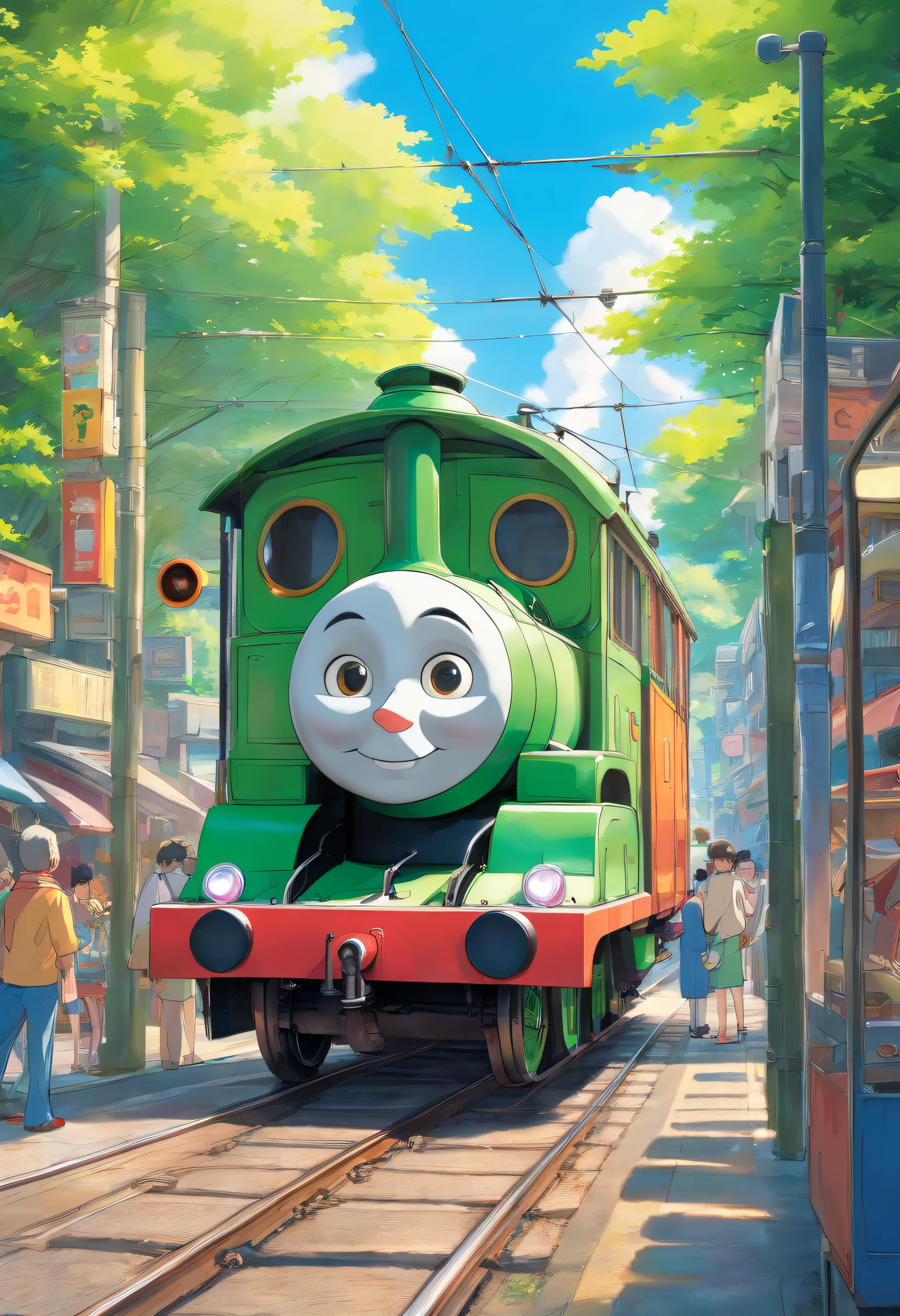masutepiece、A hyper-realistic、Photorealsitic、Tram in the shape of Thomas the Tank Engine