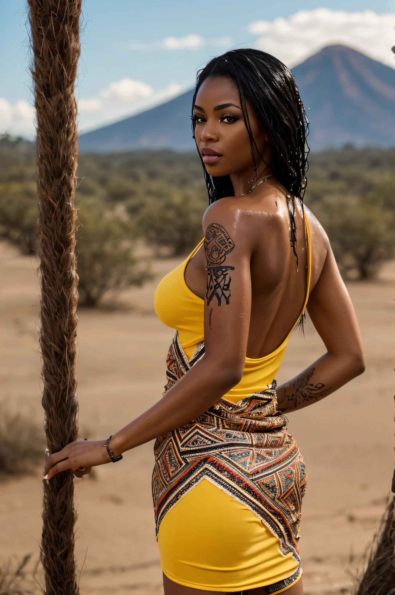 obra prima ,Ultra realista, Foto realism , Beautiful black woman , wet lips , olhos castanhos , cabelo castanhos  compridos ,  soltos ao vento , coxas musculosas , corpo inteiro , (( tatuagem na lateral da perna , tatuagem tribal )) , pele muito detalhada ,  sexy position , vestido cinza claro brilhante , (( vestido estilo grego cinza claro brilhante )) , brilhante , tudo detalhado , landscape in aphrodisiac background , janela , Amanhecendo , PECADO , luxuria , strong illumination , marcante , 8k