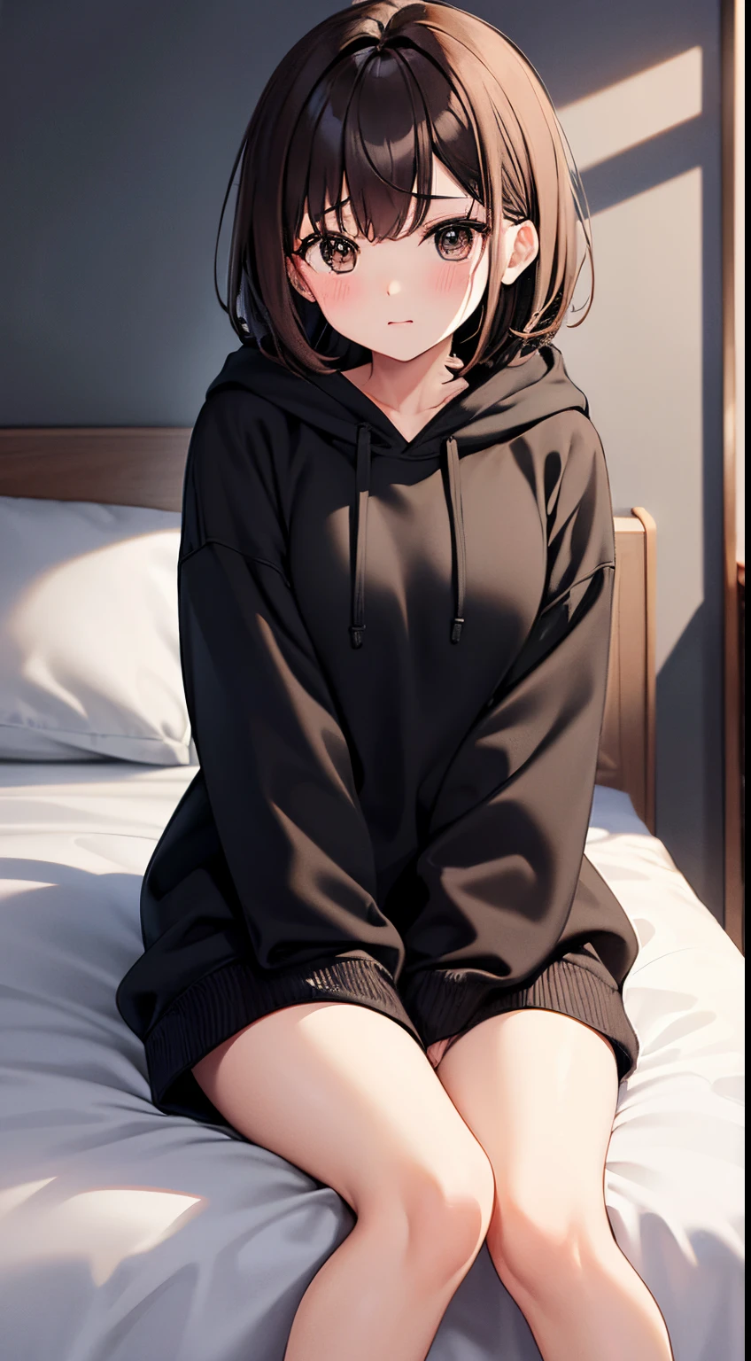 Hi-Res、masterpiece、Mrs. Hiraoka、Brown hair、a short bob Soio、date、Female one、inside in room、a bed、细致背景、A detailed eye、((Brown-eyed)),Beautiful and perfect legs, Clean and perfect hands embarassed expression bare-legged large size black hoodie Moe Sleeve Sit up