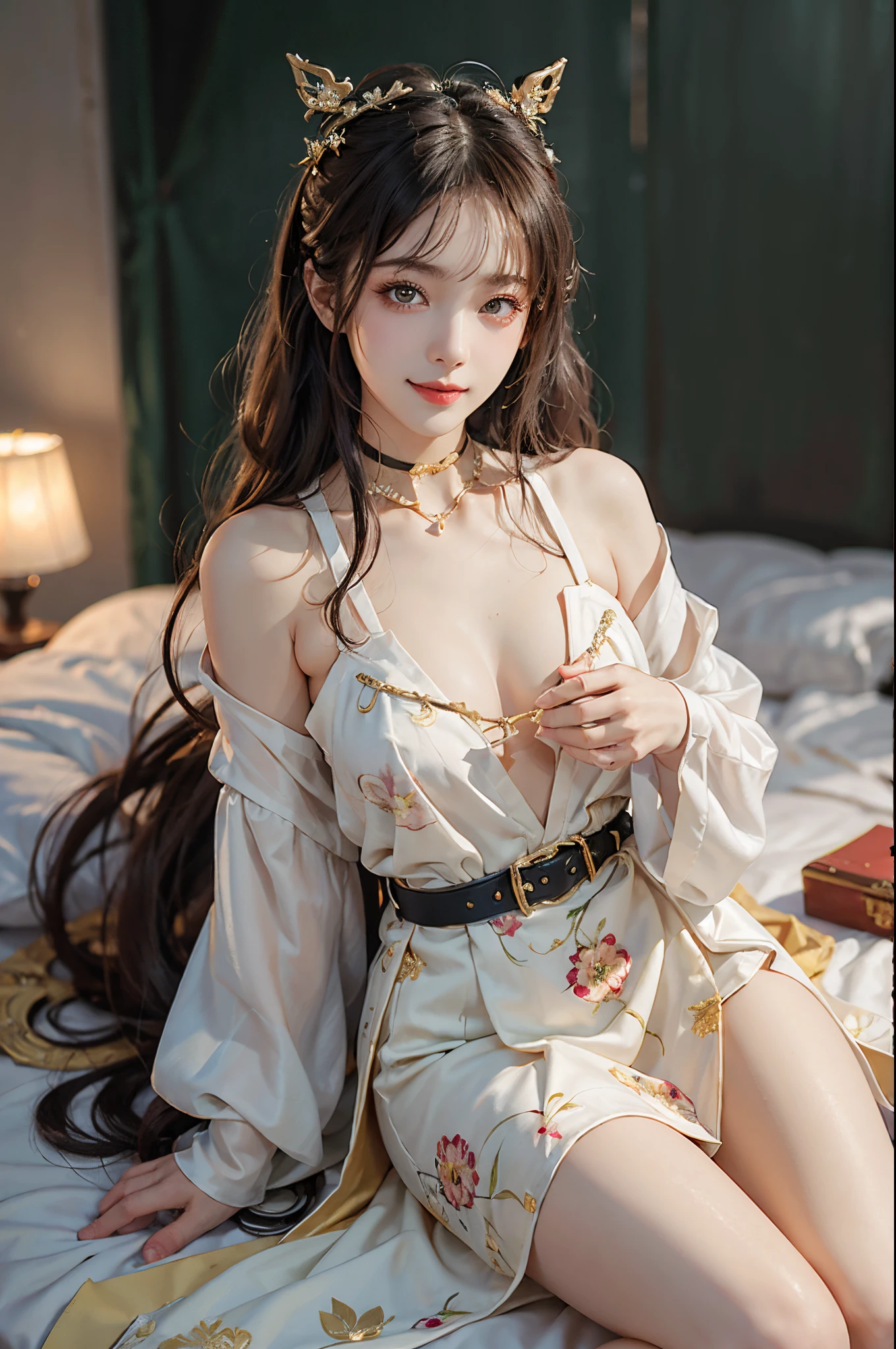 ((realistic)), a young girl, beautiful teenage girl, White cheongsam, draped in silk, Floral, high-waist, Nice belt, cropped shoulders, slim, Slimming the waist, high-heels, Shy, grin, 耳Nipple Ring、choker necklace、Hairpins，Heavy makeup，Gorgeous eye makeup，extremely beautiful eyes, golden hair, curlies, Long flowing hair, simple backgound, Sit on the edge of the bed, Recline your body, Cross ed leg, Flirting skirts, posed for photo, posing elegantly, Random shooting angle, warm lights, a warm color palette, Professional lighting, フォトンマッピング, ラジオシティ, Physically-based rendering, RAW photos, Best quality, beauitful face,  Beautiful skins， Attractive， 超高分辨率， ultra real photo