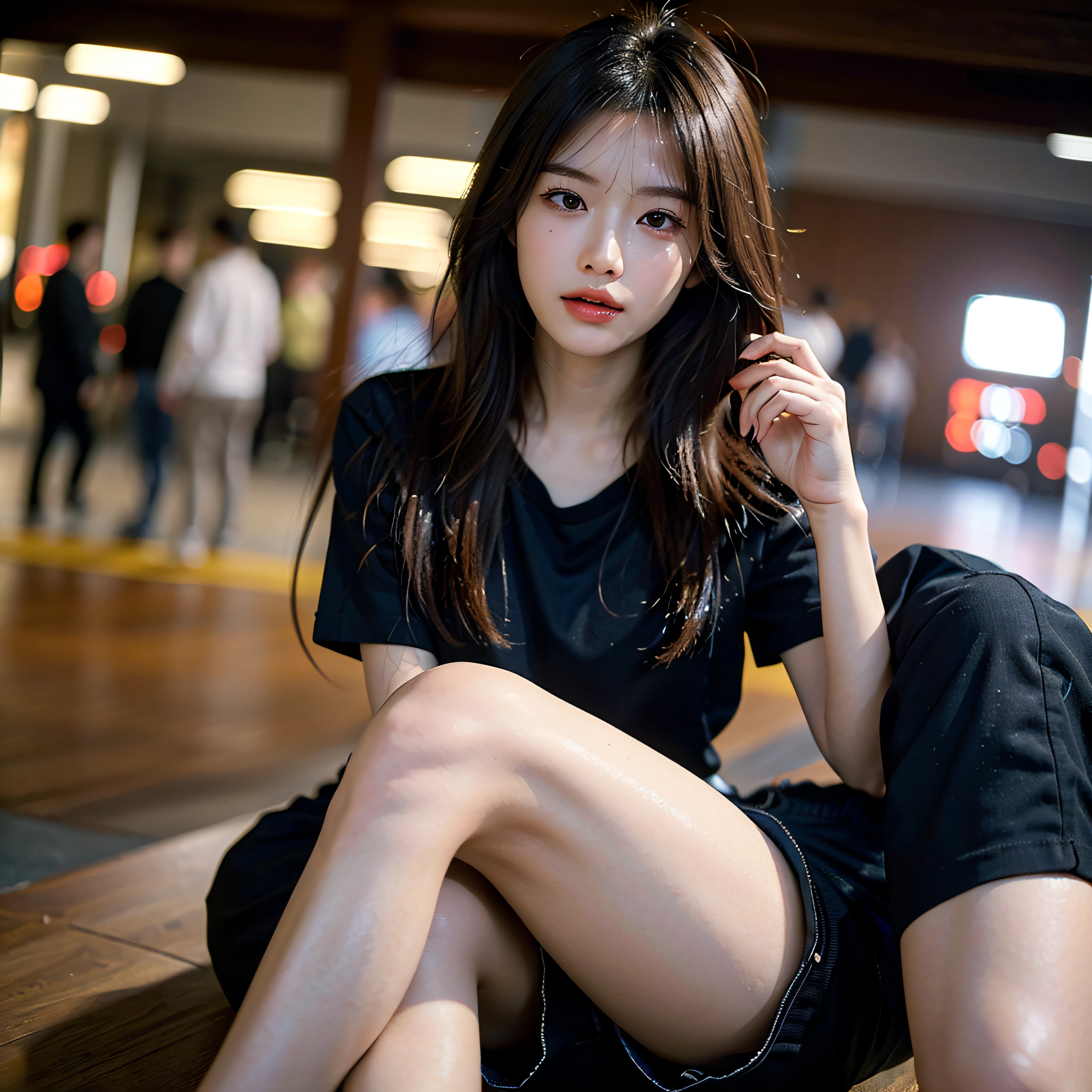 ((Best quality, 8k, Masterpiece :1.3)), 1girl, Pretty woman with slender abs, (Long hair, Ultra-detailed face, Detailed eyes, Double eyelid, short pants, extremely short short pants, korean girl, soft lighting, depth of field, leg pose, squinting, people crossing in background