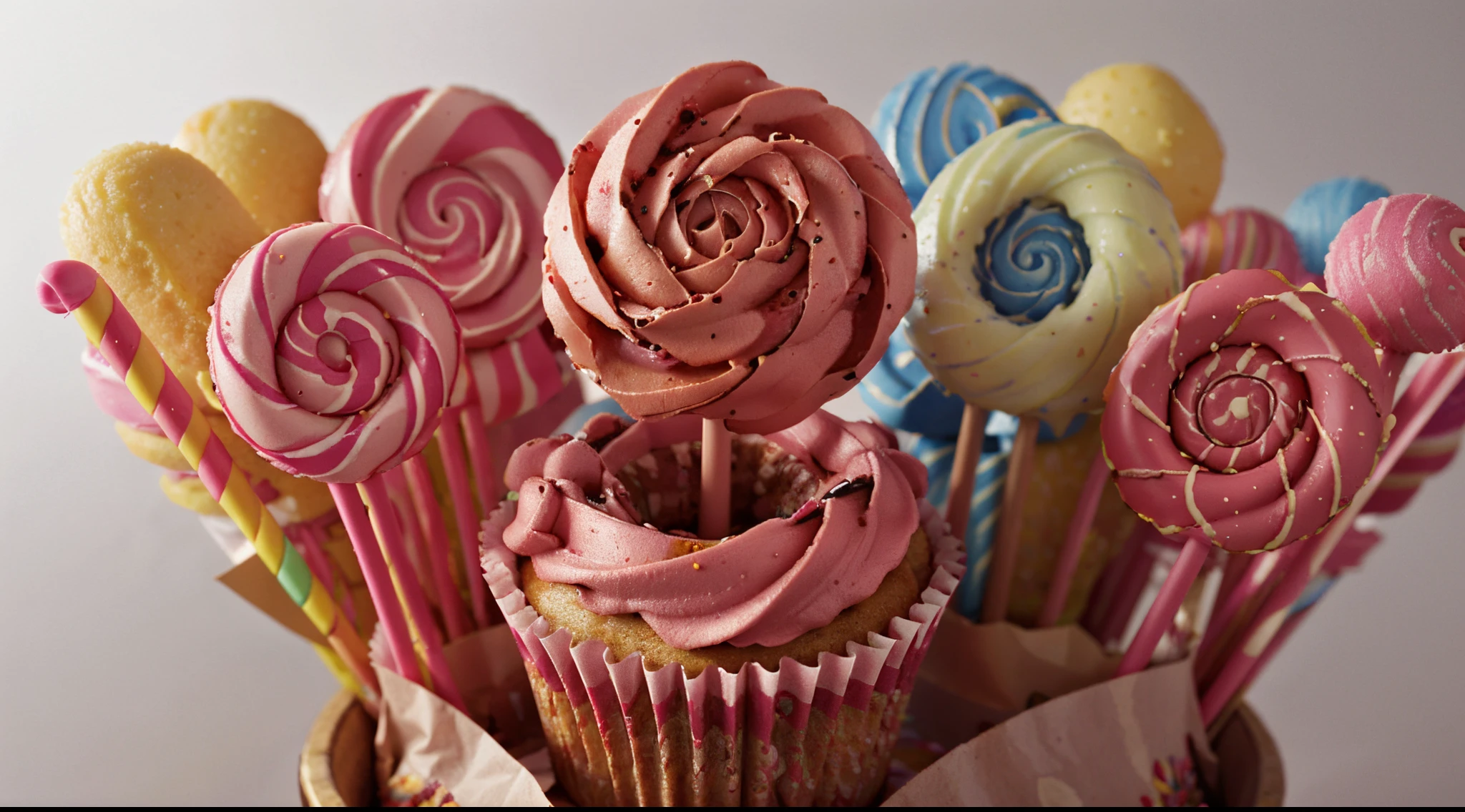 3D rendered pattern of cakes and lollipops, depth of field, chromatic aberration, cinematic lighting, ray tracing, best quality, high details, highres, jpegartifacts