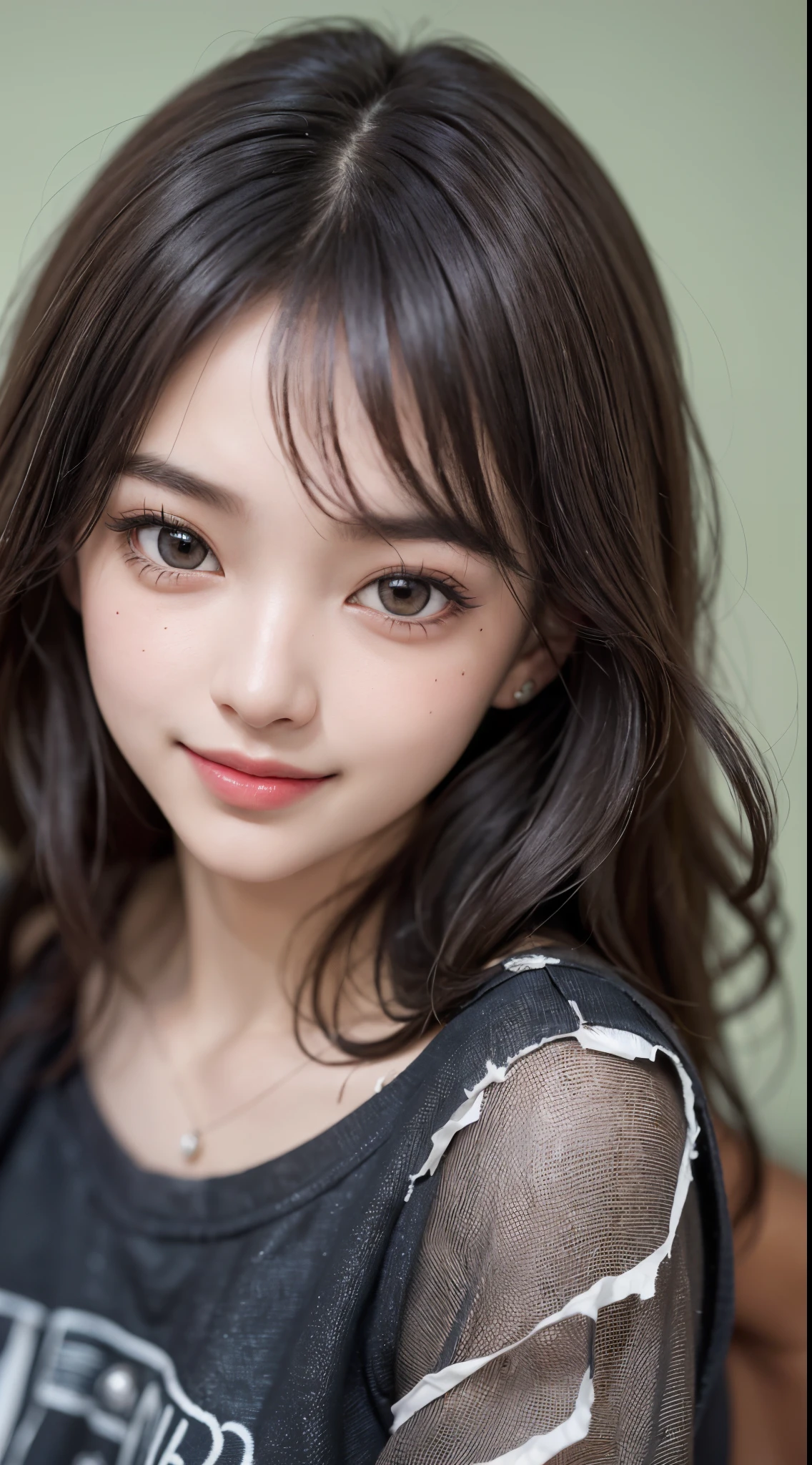 ((Beauty like a model)), Japan Girl,1 persons,​masterpiece, The highest image quality, ultra-detailliert, (perfectbody:1.1,Best Quality:1.2), ((Perfect face+dark brown hair)), Close up of, short wavy hair,Viewer's Perspective, detailed hairs、Detailed eyes(realisticeyes),profetional lighting,(Black eyes),slenderbody,adult lady,About 28 years old,glamor,kindly smile,Half Girl,Lashes,二重まぶた,((black little t-shirt and black jean skirt)),Raw photo,Sexy lips,((Lovely smile)),((she crumpled her face and smiled)),abdominals,Constriction,((piercings)),