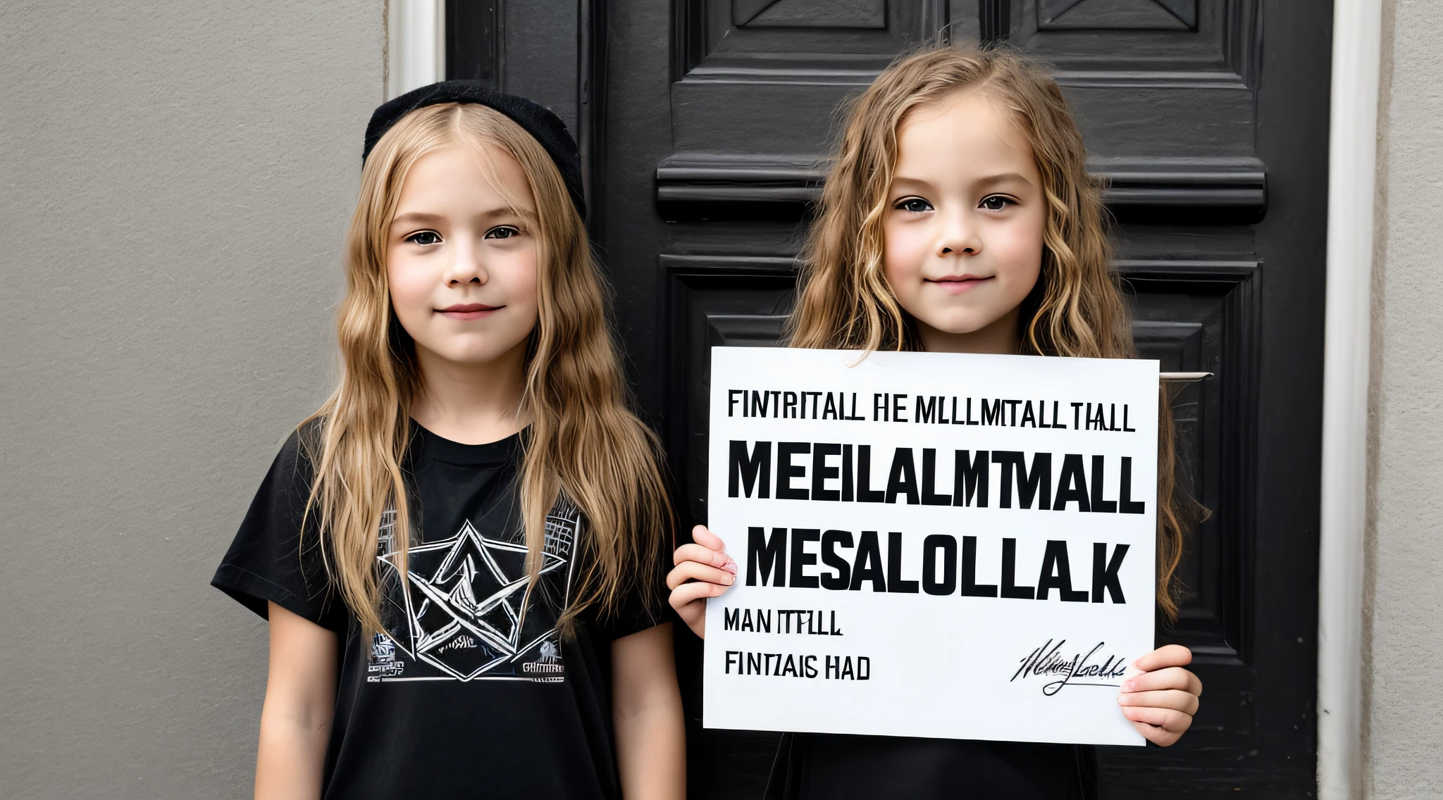 blonde child girl long hair holding a sign that says Metallica, mestre de fantoches, metal pesado!, [ metal ], Michael, muito feliz!, arte magistral, com um brilhante, metal head, feito de metal, metal pesado, completely metallic, he is a rockstar, obra-prima obra de arte.