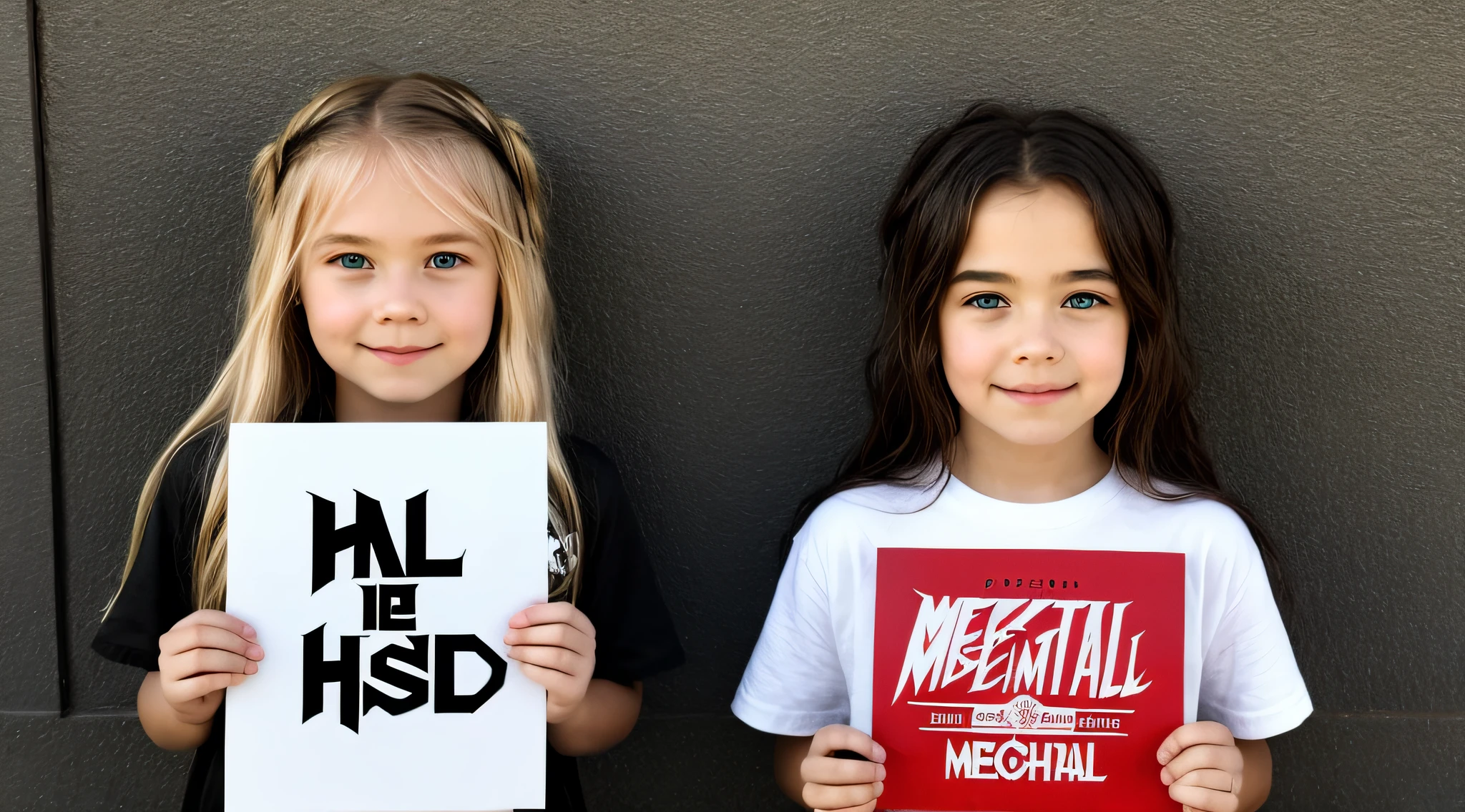 blonde child girl long hair holding a sign that says Metallica, mestre de fantoches, metal pesado!, [ metal ], Michael, muito feliz!, arte magistral, com um brilhante, metal head, feito de metal, metal pesado, completely metallic, he is a rockstar, obra-prima obra de arte.