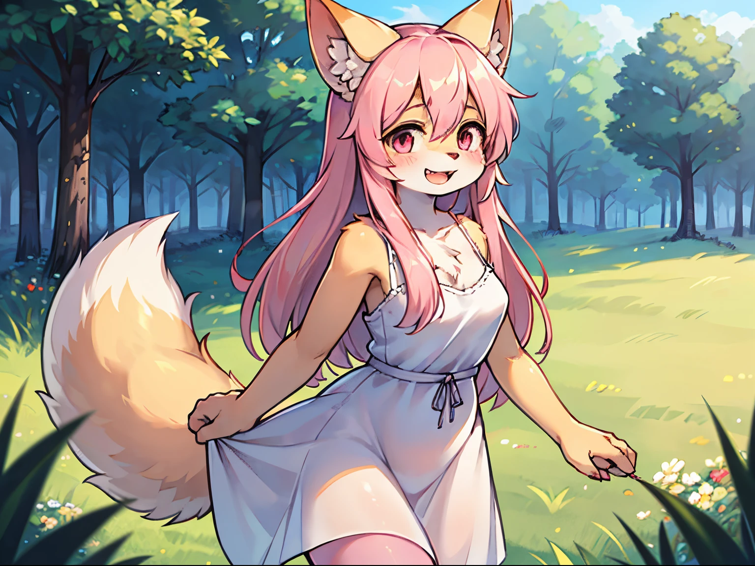 A woman with long hair stands in a wide grass field. She has a pink body color. The tail is fluffy and large. The ears are medium sized. She laughs on the grass. She wore a white sundress. She turned to us, she held our hand.