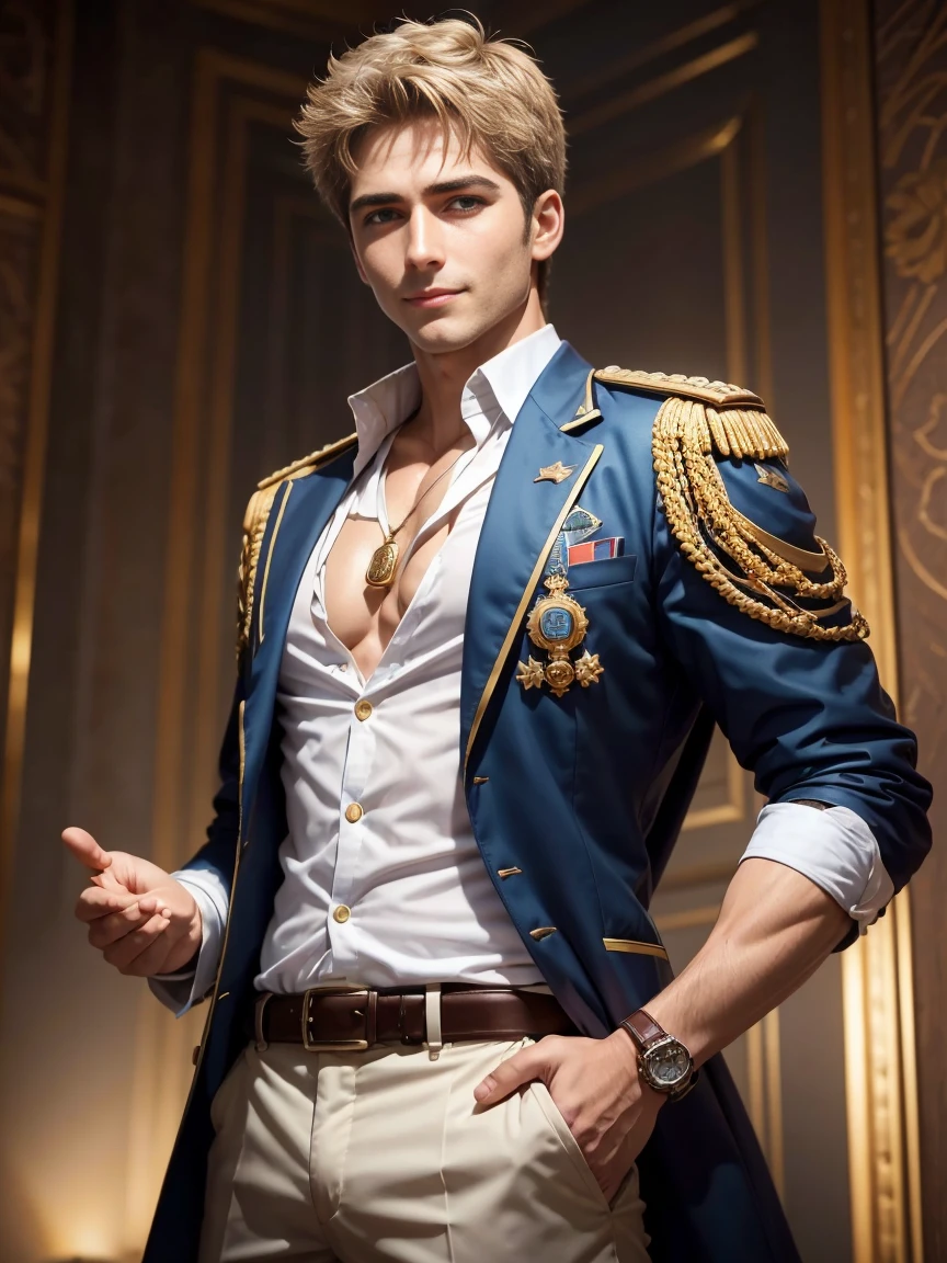 The image of Constantine the Great resurrected in the modern world。young adult male。warm grin。Bright and sharp eyes。thick neck。broad shoulder。thick chest。strong muscles。lifesaver。In fact, he is the heir of a global luxury hotel group.。Summer Resorts。masterpiece。ultra-quality。