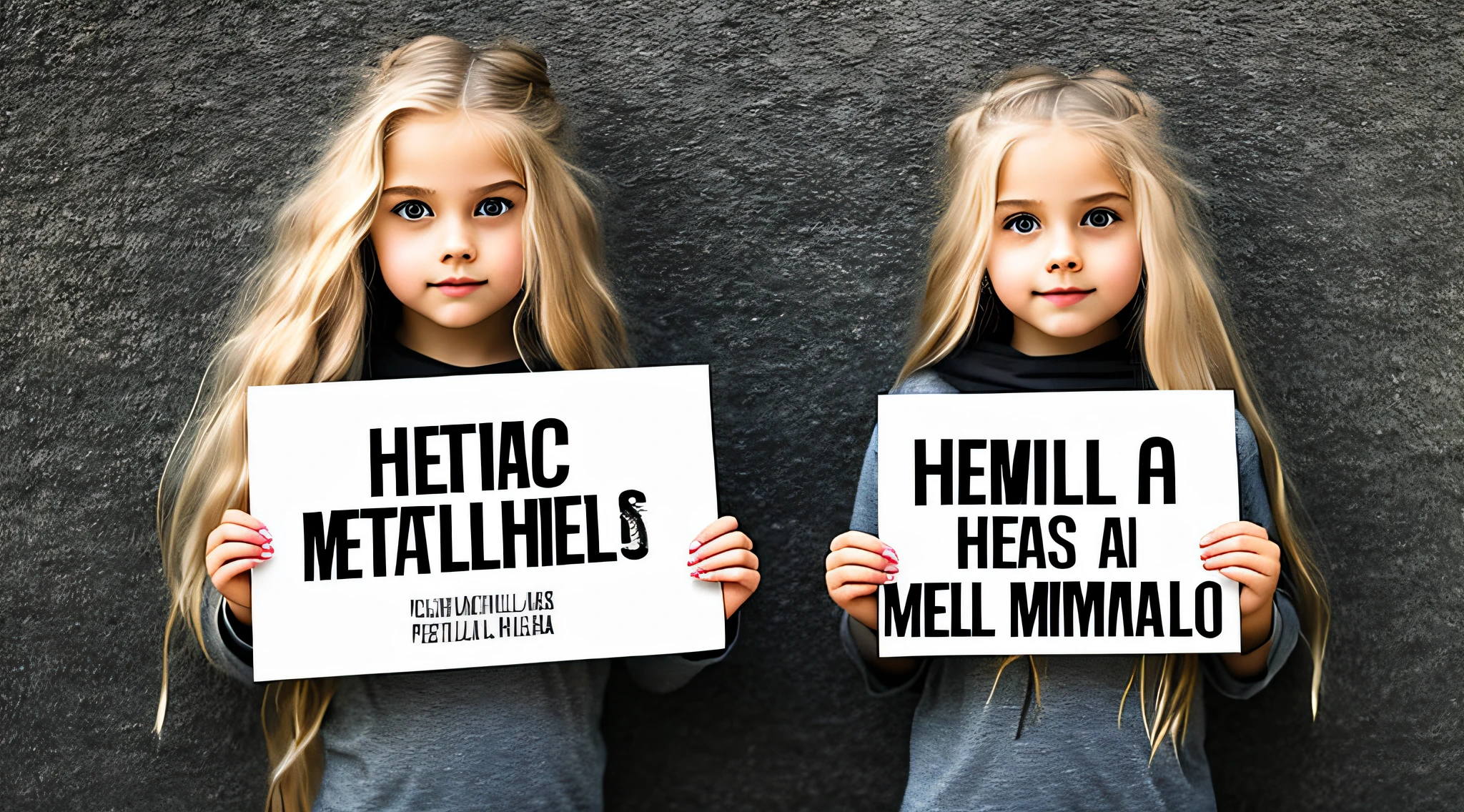 blonde  girl long hair holding a sign that says Metallica, mestre de fantoches, metal pesado!, [ metal ], Michael, muito feliz!, arte magistral, com um brilhante, metal head, feito de metal, metal pesado, completely metallic, he is a rockstar, obra-prima obra de arte.