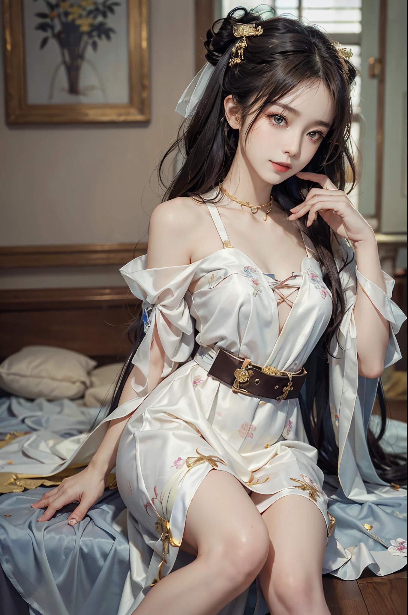 ((realistic)), a young girl, beautiful teenage girl, White cheongsam, draped in silk, Floral, high-waist, Nice belt, cropped shoulders, slim, Slimming the waist, high-heels, Shy, grin, 耳Nipple Ring、choker necklace、Hairpins，Heavy makeup，Gorgeous eye makeup，extremely beautiful eyes, golden hair, curlies, Long flowing hair, simple backgound, Sit on the edge of the bed, Recline your body, Cross ed leg, Flirting skirts, posed for photo, posing elegantly, Random shooting angle, warm lights, a warm color palette, Professional lighting, フォトンマッピング, ラジオシティ, Physically-based rendering, RAW photos, Best quality, beauitful face,  Beautiful skins， Attractive， 超高分辨率， ultra real photo