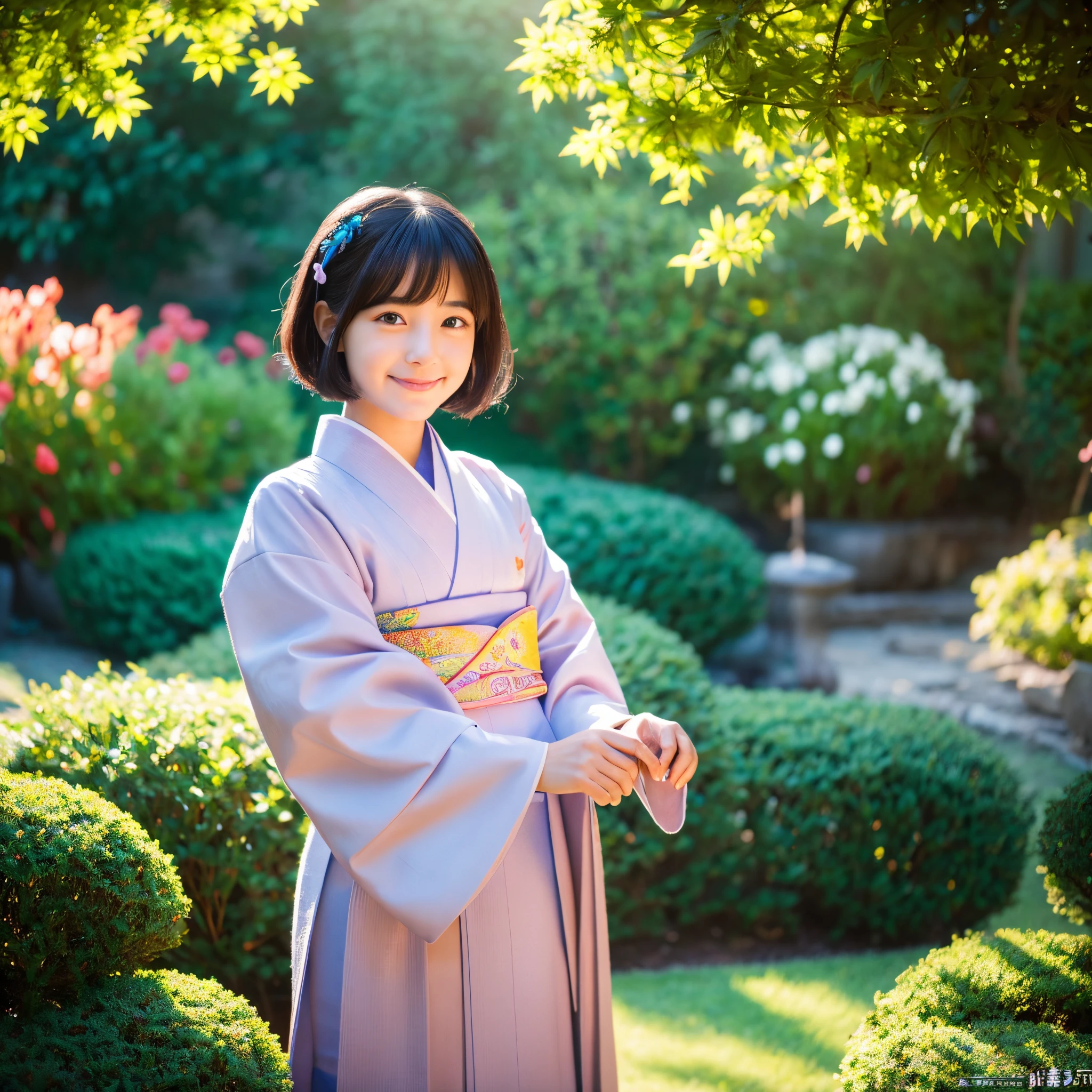 I will draw a cute girl with a short bob haircut in a brightly lit midday garden.。She looks like a character from a nursery rhyme、He has the characteristic childishness of around 5 years old.、wearing a cute kimono。her face is detailed、have beautiful eyes and lips、Features an adorable smile。she has a temari in her hand、It is made of Hakata-ori balls。There is an eerie atmosphere in the garden that makes you feel like a ghost is coming out.。This image is displayed in the highest quality of 8K、Super detailed、It has a photo-like reality、It has rich and vivid colors。Moreover、The screen is brightly lit by professional studio lighting。