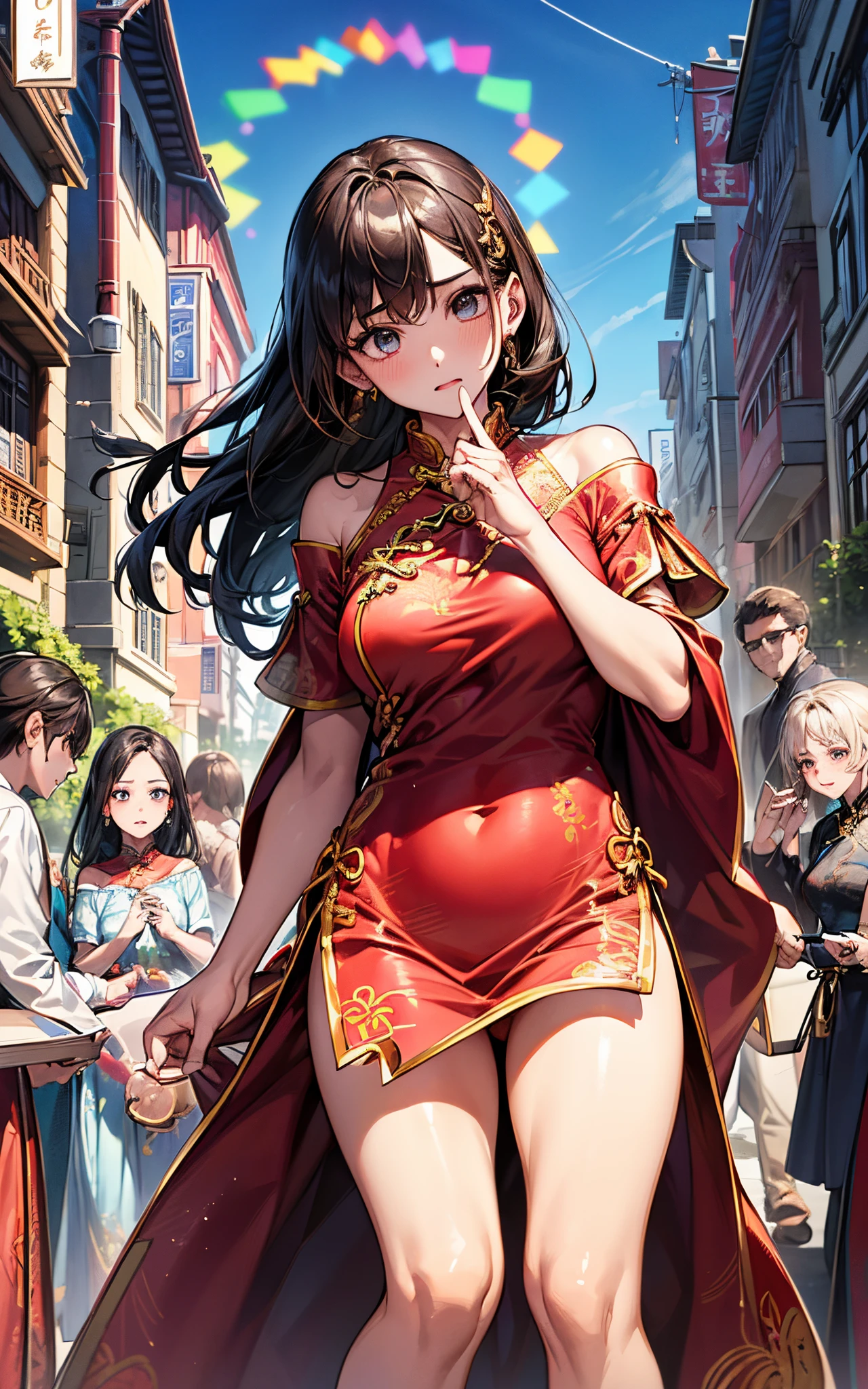Positive Focus、top-quality、hight resolution、super precision、８K、(1人の女性)、(((extra detailed face)))、8 head body、
Colorful、Fine skin、Deep slit、off shoulder beauty、Bright expression、Surprised、red blush、plump eyes、Eyes sparkle
(((Luxury cheongsam)))、ample breasts、thighs thighs thighs thighs、Pedras preciosas、
(Photorealistic backgrounds)、(street corner)、(Crowds)、
Watching the viewer、
(Untying hair)、(((hair adornments)))、(Hide your fingertips)、(((Refers to 5 books)))、
(Composition looking up from a low position)、