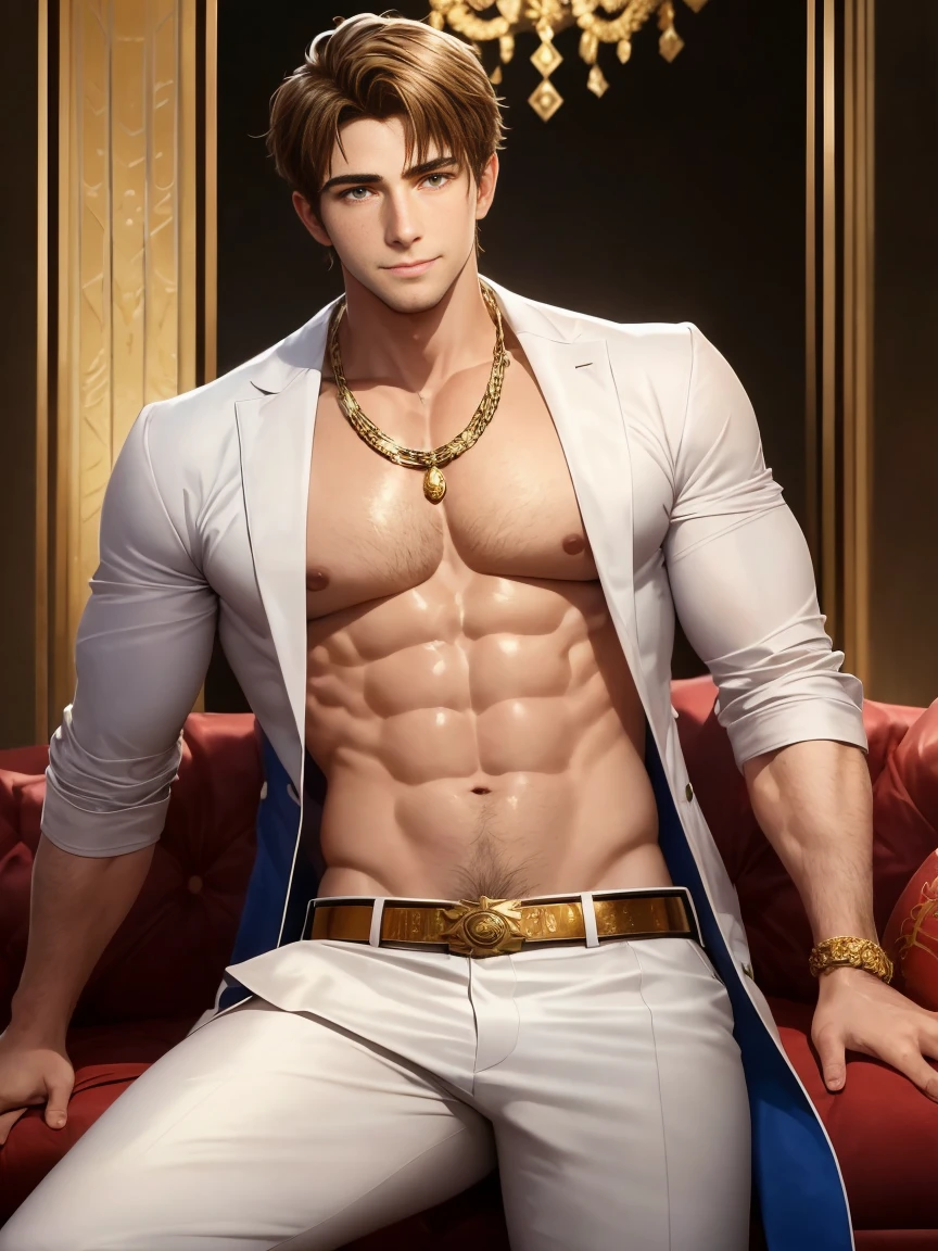 The image of Constantine the Great resurrected in the modern world。young adult male。warm grin。Bright and sharp eyes。thick neck。broad shoulder。thick chest。strong muscles。lifesaver。In fact, he is the heir of a global luxury hotel group.。Summer Resorts。masterpiece。ultra-quality。