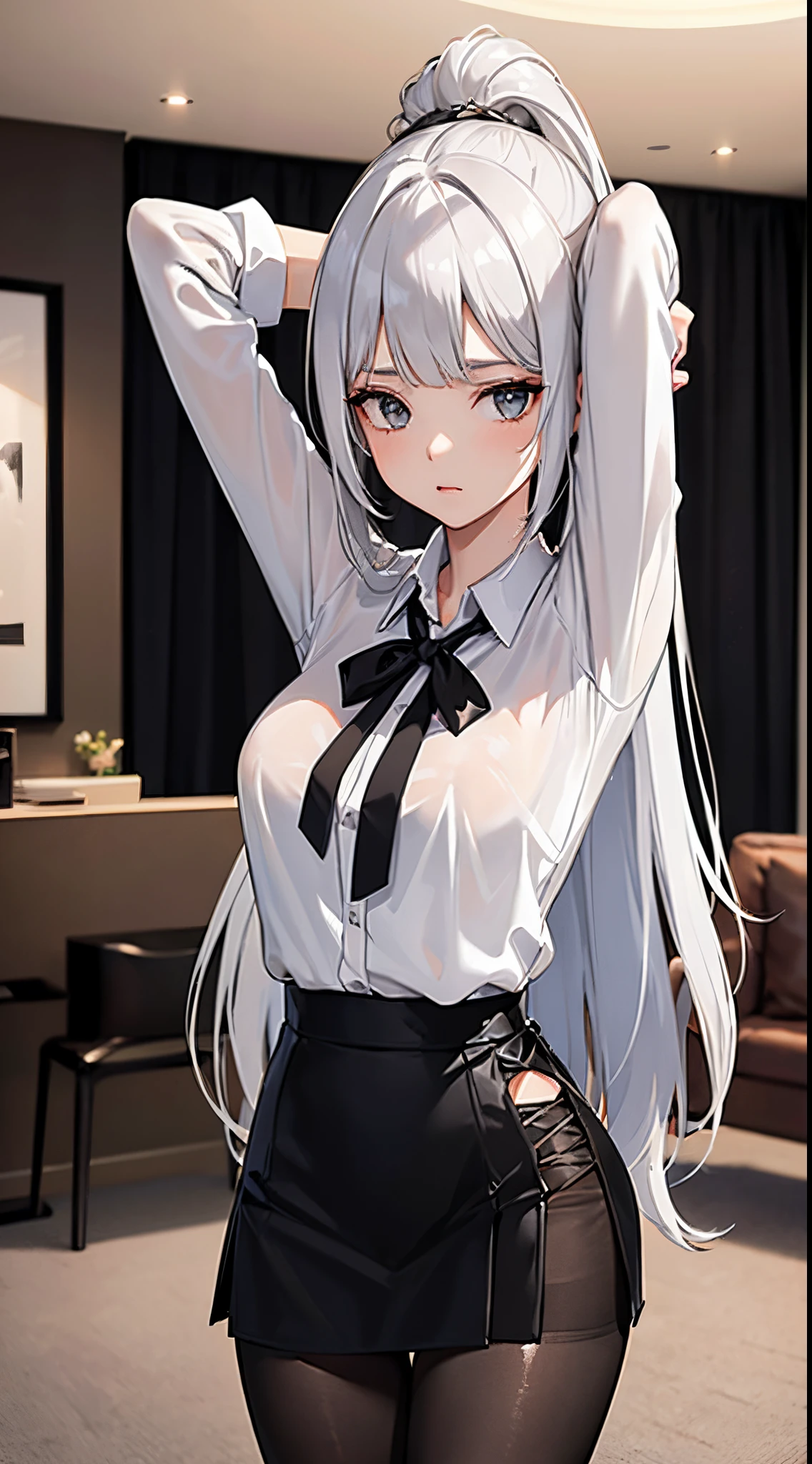 (((1 girl)),ray tracing,(dim lighting),[detailed background (living room)),((silver hair)),(silver hair)),(fluffy silver hair, plump and slender girl)) with high ponytail))) Avoid golden eyes in the ominous living room ((((Girl wears a white shirt, black wrinkled skirt with black transparent pantyhose), showing a delicate slender figure and graceful curves, correct limbs, hands behind the head, both hands behind the head