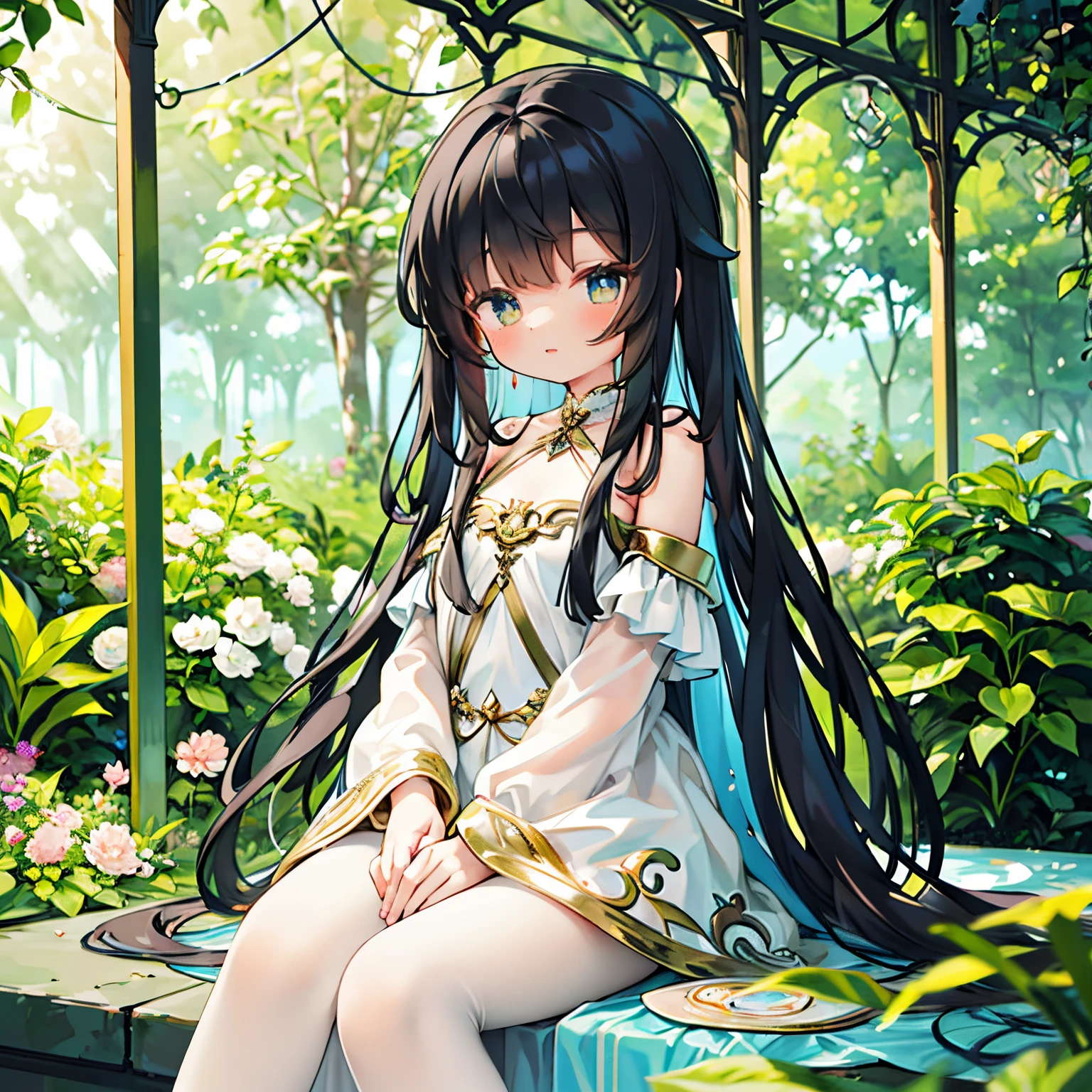 (best quality, ultra-detailed:1.2), beautiful girl, cute girl, long hair, black hair, long flowing hair, white dress, detailed eyes, delicate lips, serene expression, soft sunlight, vibrant colors, dreamlike atmosphere, delicate flowers, lush greenery, magical garden, ethereal beauty, graceful posture, enchanting surroundings, fairytale-like setting, artistic rendering, fine brushwork, seamless blending, impeccable realism.