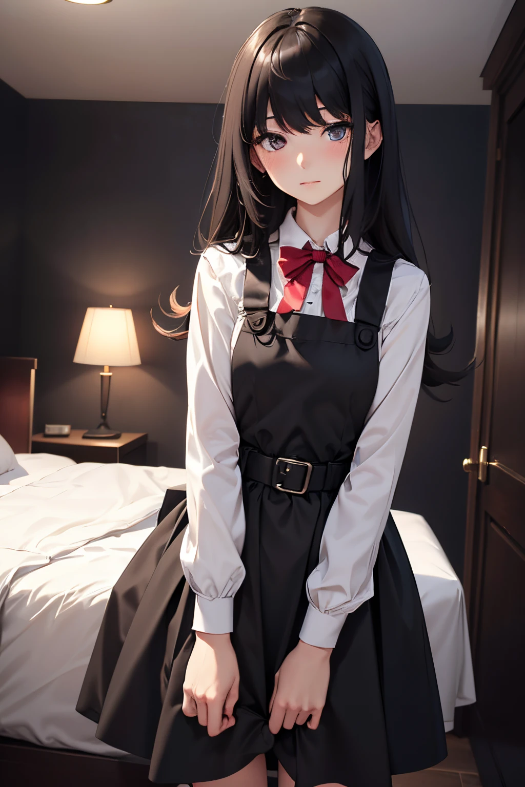 ((masterpiece,best quality)), highres, extremely detailed 8K wallpaper, depth_of_field, best shadow, (Colorful),(Delicate eyes and face), Perfect hands, (no lighting), Ray tracing, BREAK
(1girl), touko, long hair, black hair, gray eyes, slender, skinny, medium breasts, bangs, (full-face blush), slender, skinny, BREAK,
standing, perfect hands, BPD,((black pinafore dress)),long skirt,red bowtie,belt, BREAK,
Cowboy Shots and knee, bedroom, (((night time))), ((dark backgrounds:1.6)),