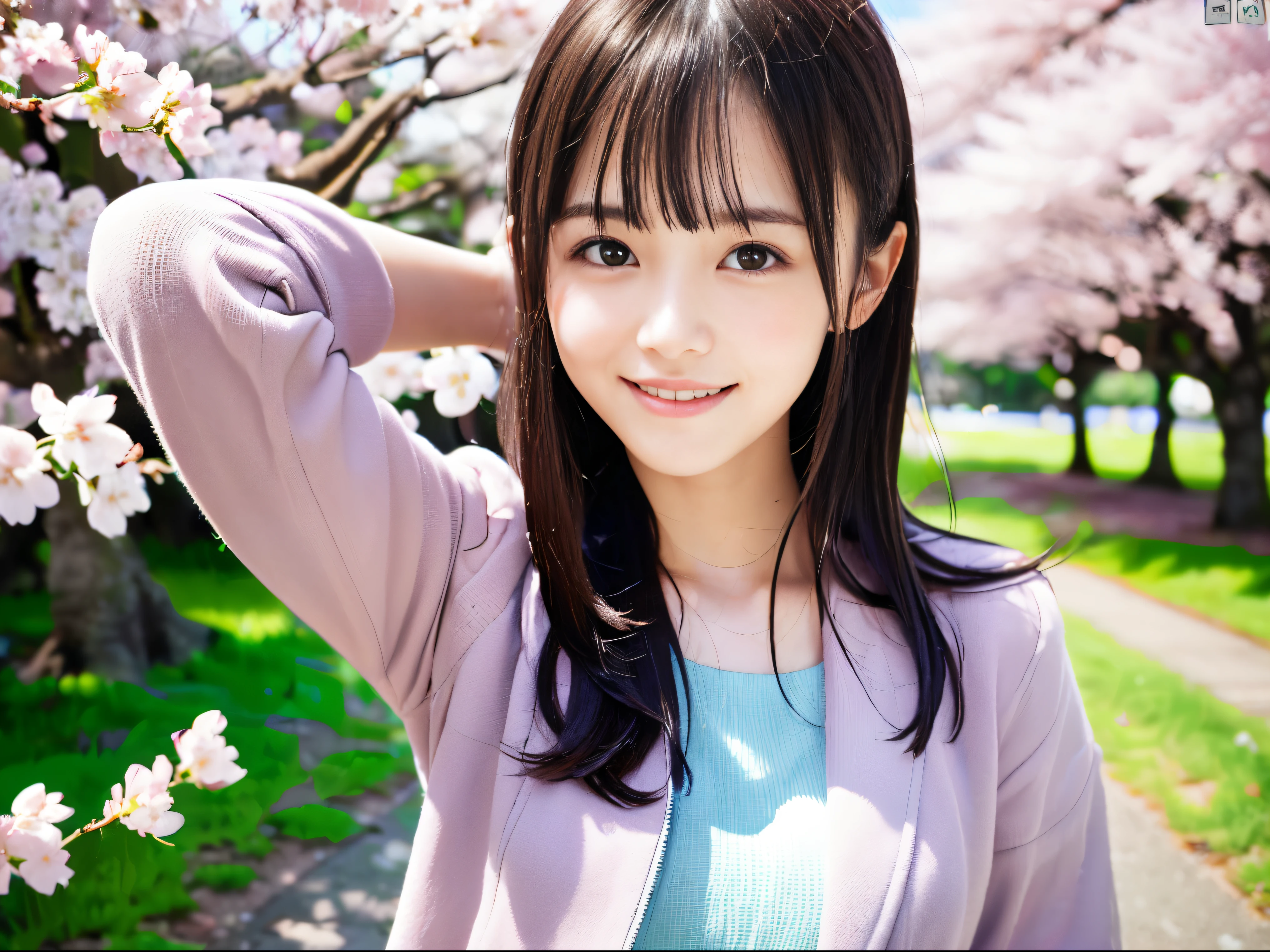 (Close up portrait of slender small breasts half up hair with dull bangs girl in pastel colored jacket and shirts:1.5)、(A girl open her arms wide with small smile and her hair fluttering :1.5)、(Rows of cherry blossom trees in full bloom and cherry blossom petals dancing in the wind:1.5)、(Perfect Anatomy:1.3)、(No mask:1.3)、(complete fingers:1.3)、Photorealistic、Photography、masutepiece、top-quality、High resolution, delicate and pretty、face perfect、Beautiful detailed eyes、Fair skin、Real Human Skin、pores、((thin legs))、(Dark hair)