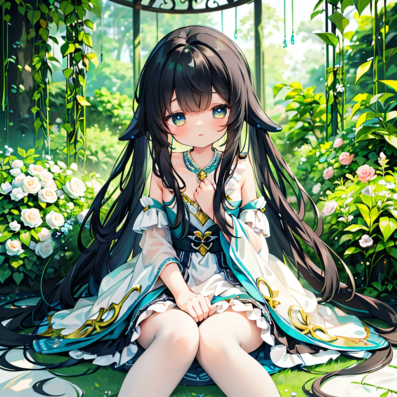 (best quality, ultra-detailed:1.2), beautiful girl, cute girl, long hair, black hair, long flowing hair, white dress, detailed eyes, delicate lips, serene expression, soft sunlight, vibrant colors, dreamlike atmosphere, delicate flowers, lush greenery, magical garden, ethereal beauty, graceful posture, enchanting surroundings, fairytale-like setting, artistic rendering, fine brushwork, seamless blending, impeccable realism.