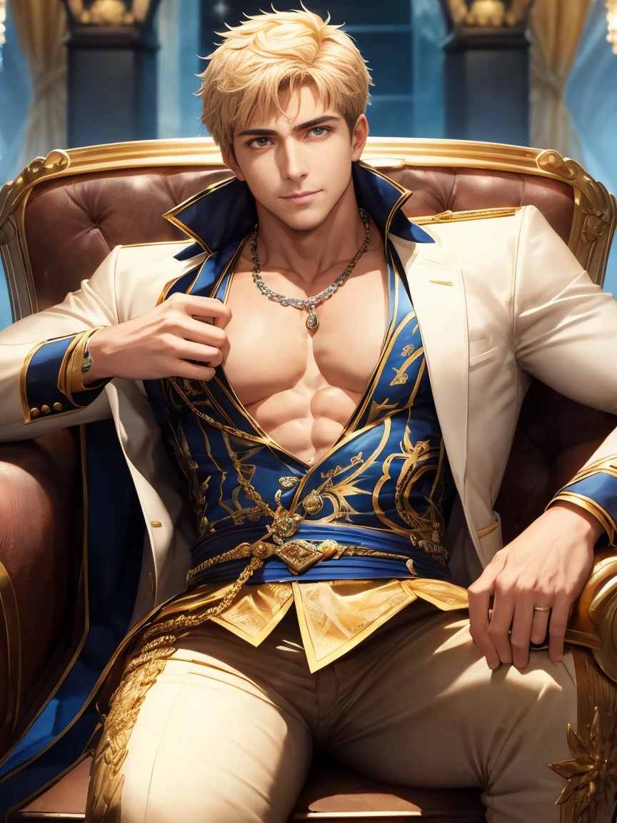 The image of Constantine the Great resurrected in the modern world。young adult male。warm grin。Bright and sharp eyes。thick neck。broad shoulder。thick chest。strong muscles。lifesaver。In fact, he is the heir of a global luxury hotel group.。Summer Resorts。​masterpiece。ultra-quality。