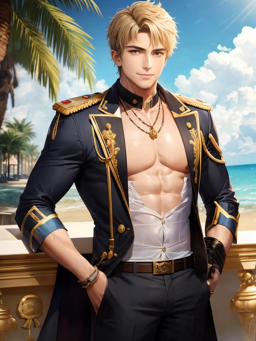 The image of Constantine the Great resurrected in the modern world。young adult male。warm grin。Bright and sharp eyes。thick neck。broad shoulder。thick chest。strong muscles。lifesaver。In fact, he is the heir of a global luxury hotel group.。Summer Resorts。masterpiece。ultra-quality。