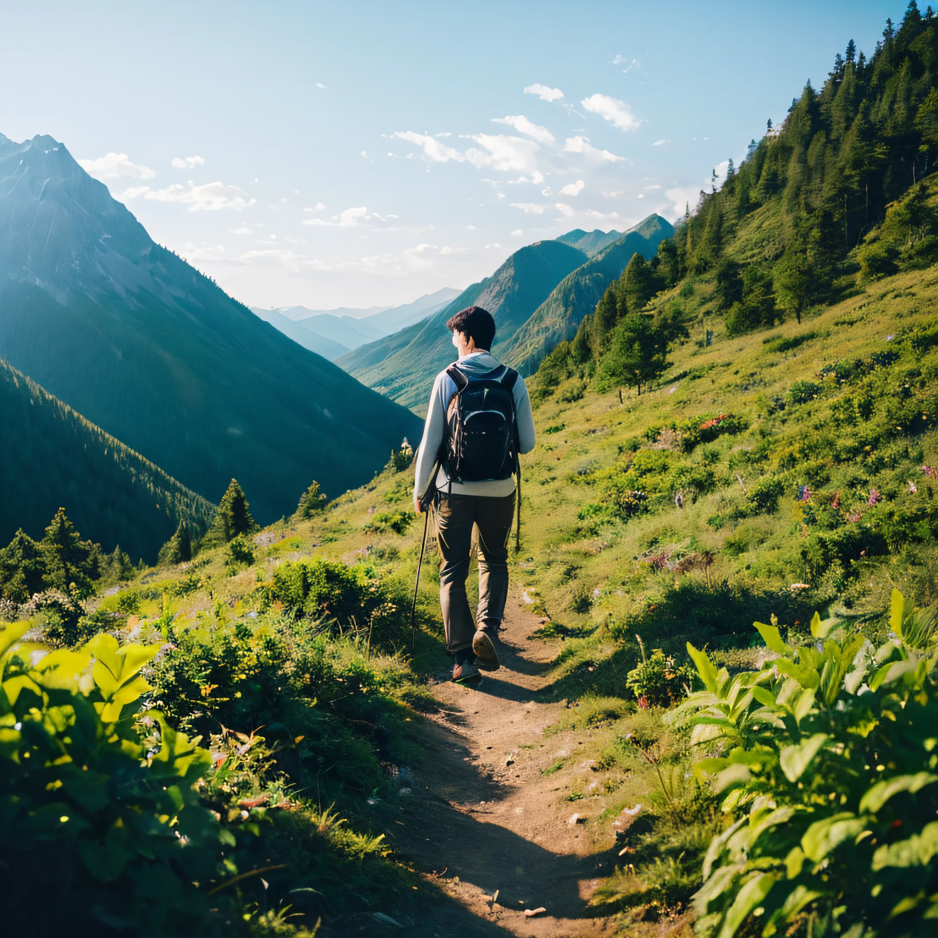 in the sun,A person is strolling,On the way up the mountain,Fresh air